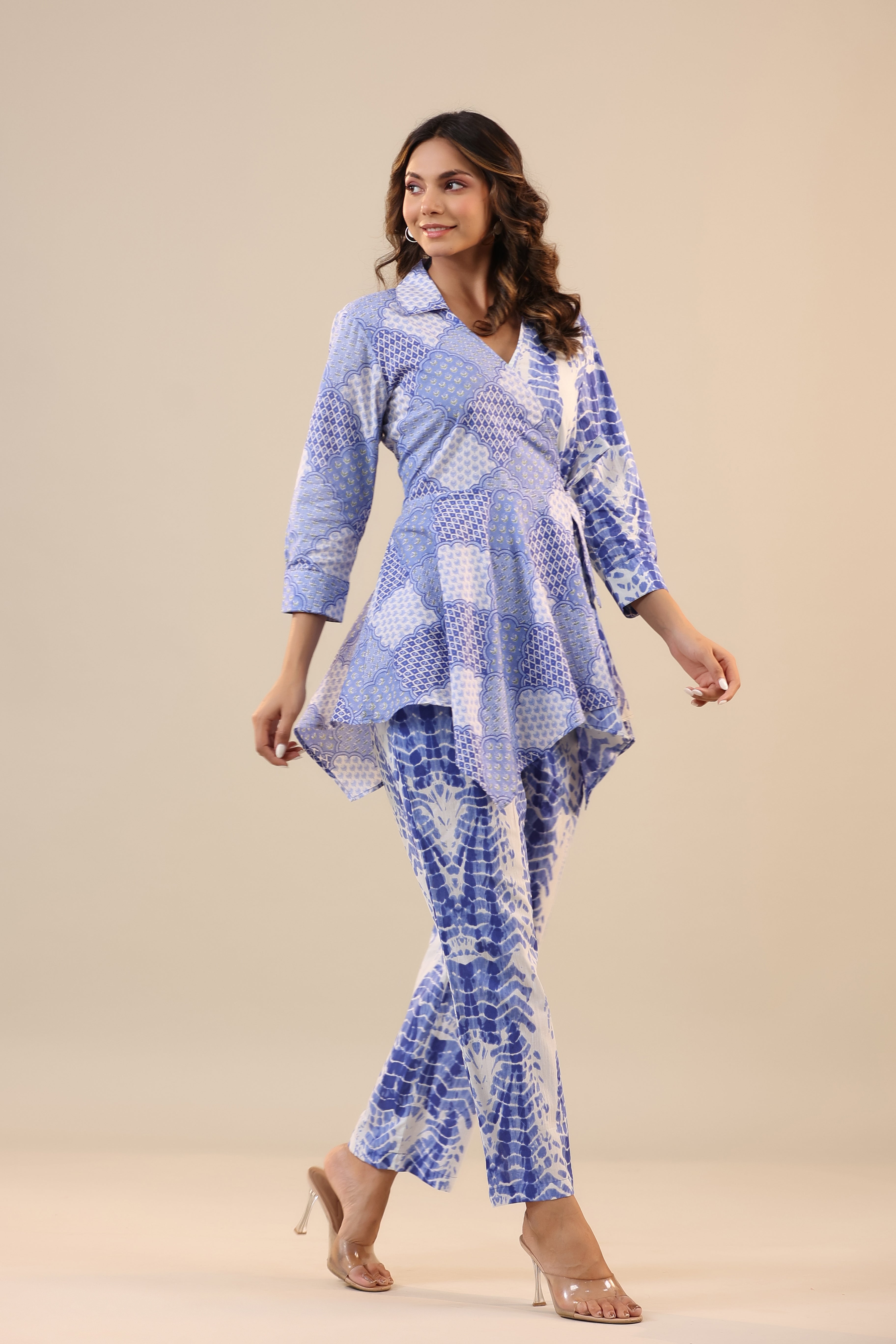 Blue Abstract Shibori Knot Cotton Loungewear Set