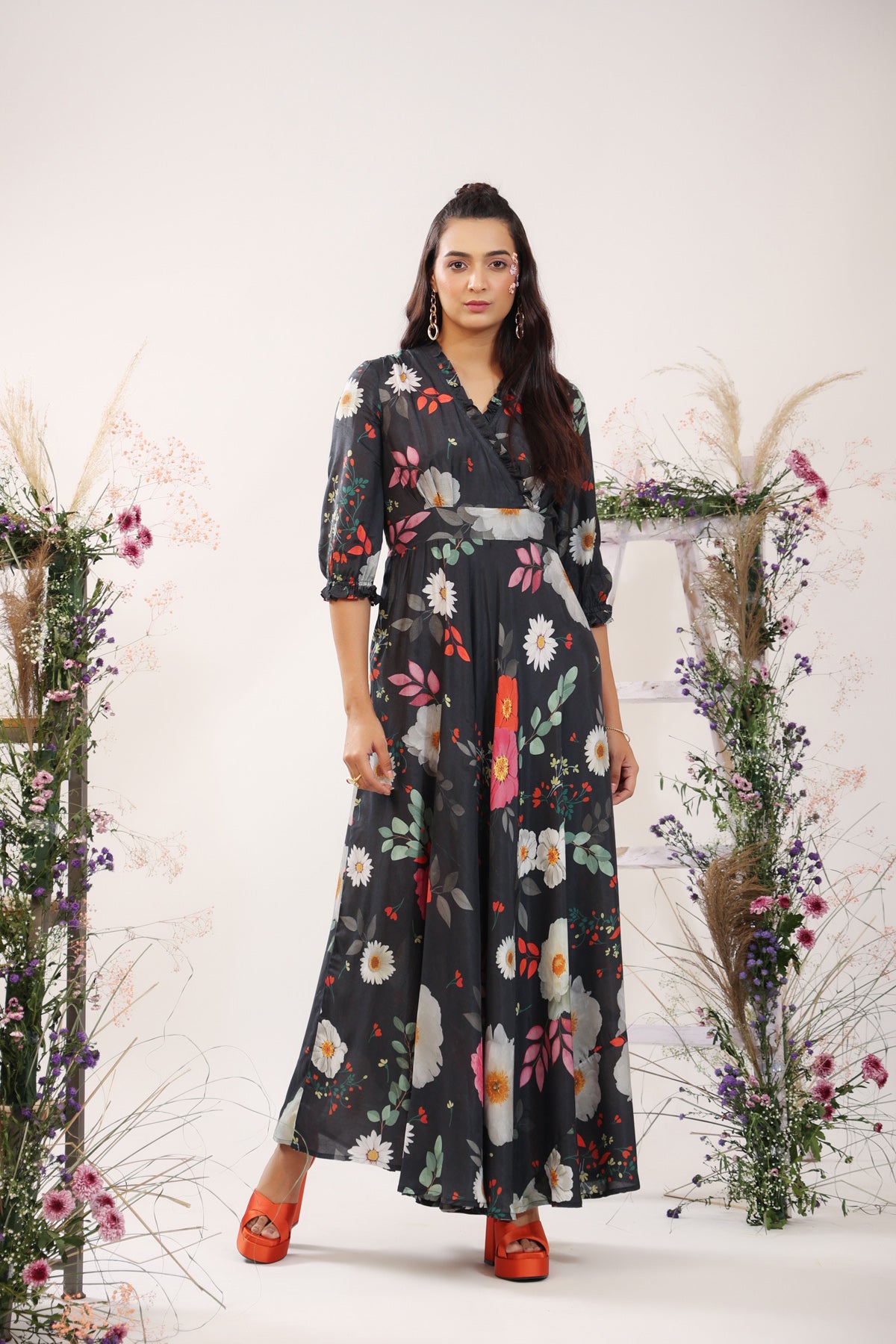 Marigold Flower on Black Muslin Silk Maxi Dress