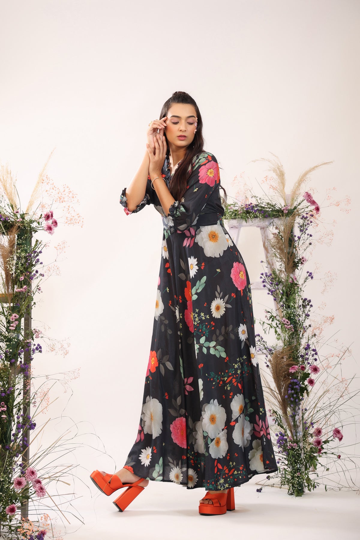 Marigold Flower on Black Muslin Silk Maxi Dress