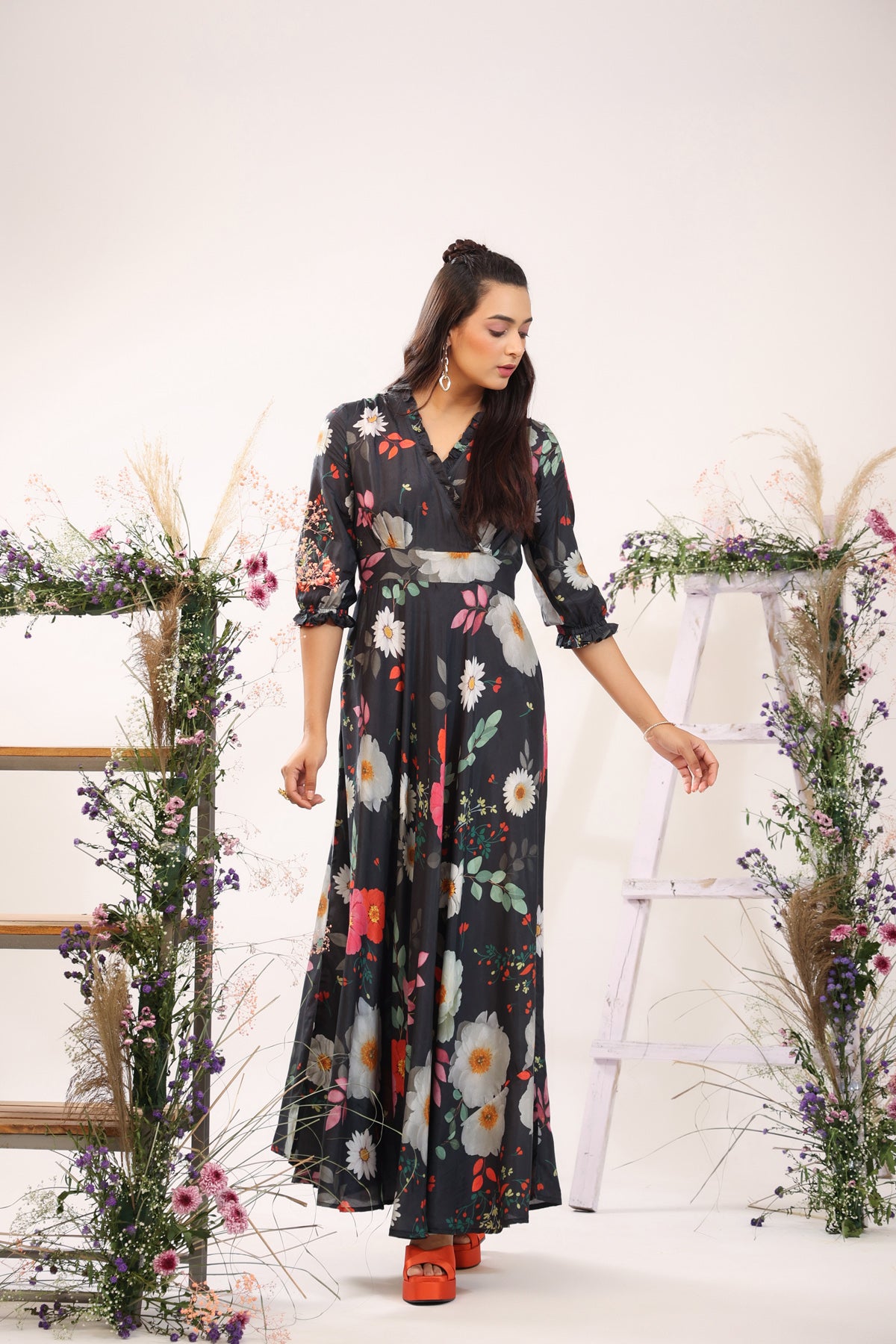 Marigold Flower on Black Muslin Silk Maxi Dress