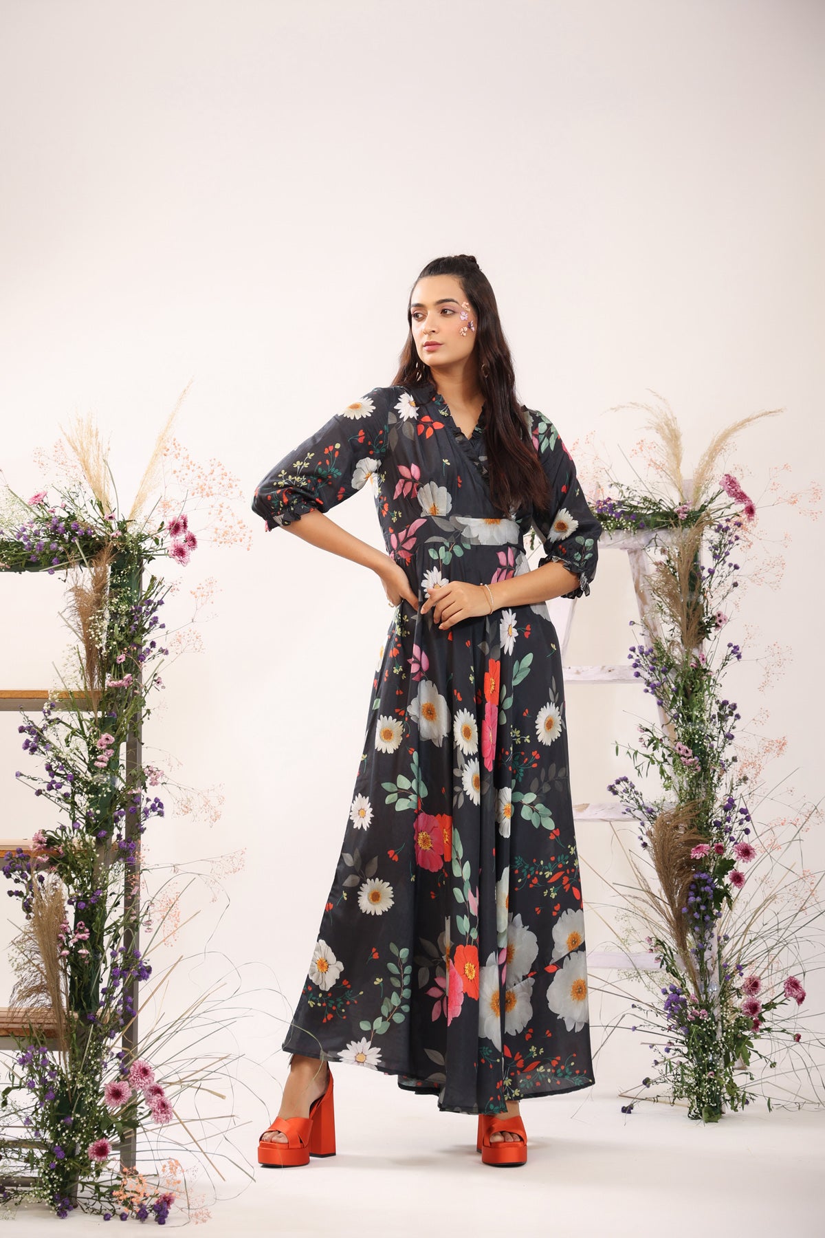 Marigold Flower on Black Muslin Silk Maxi Dress