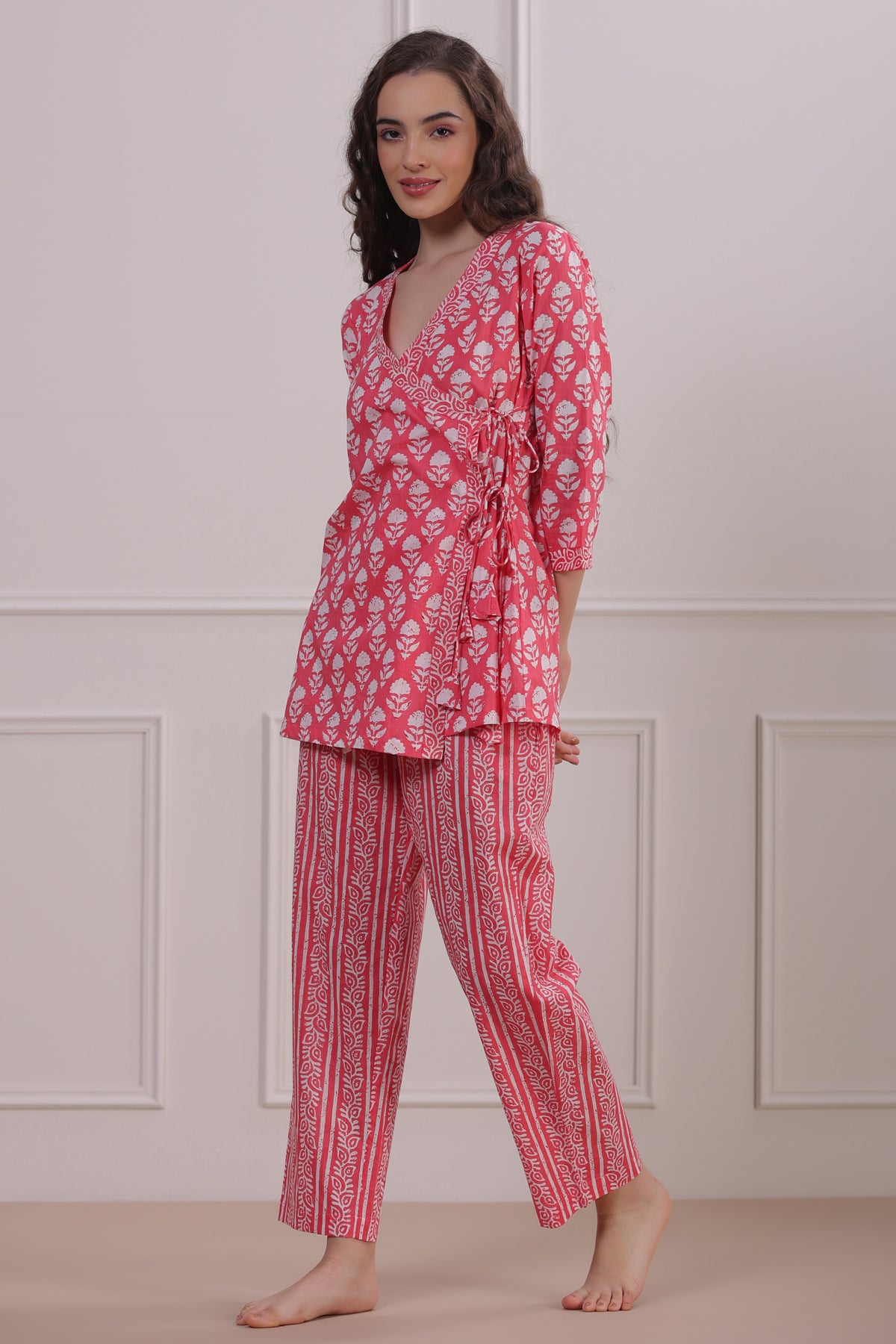 Roses with Floral Stripes on Pink Loungewear Top Set