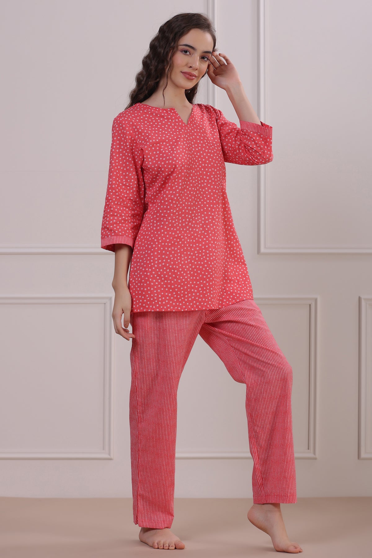 Polka Dots with Stripes on Peach Loungewear Top Set