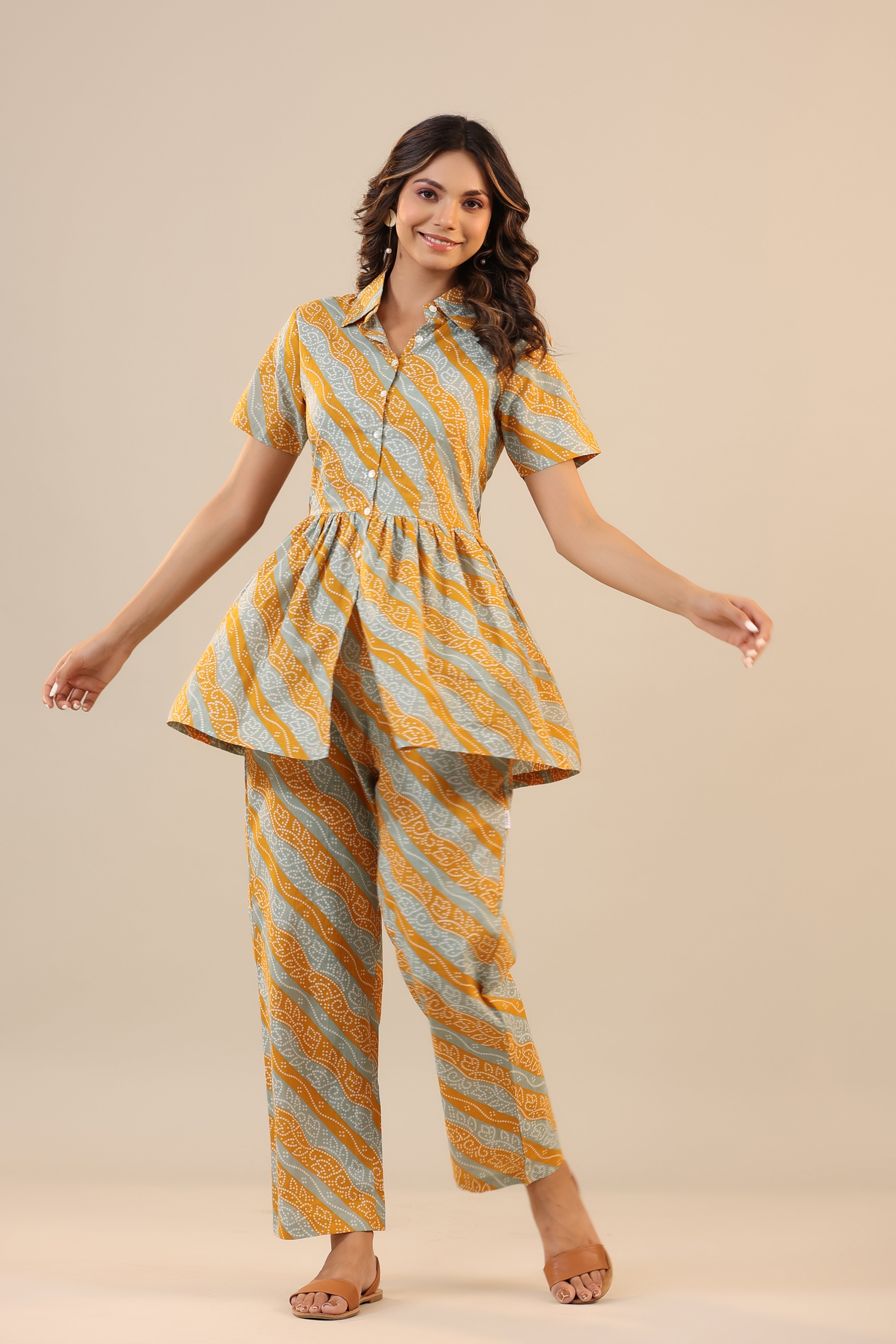 Lehariya with Bandhej on Cotton Peplum Loungewear Top Set