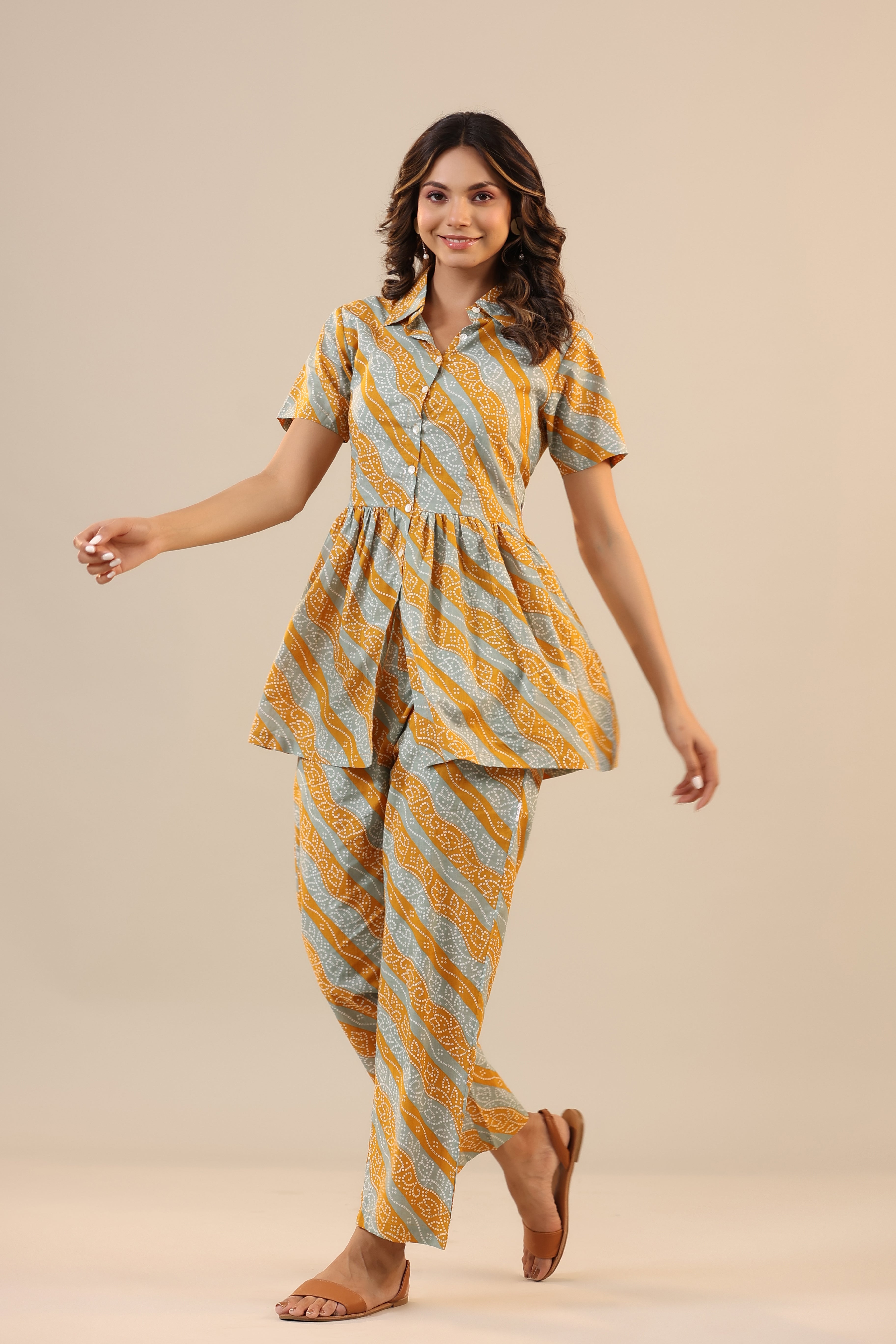 Lehariya with Bhandej on Cotton Peplum Loungewear Top Set