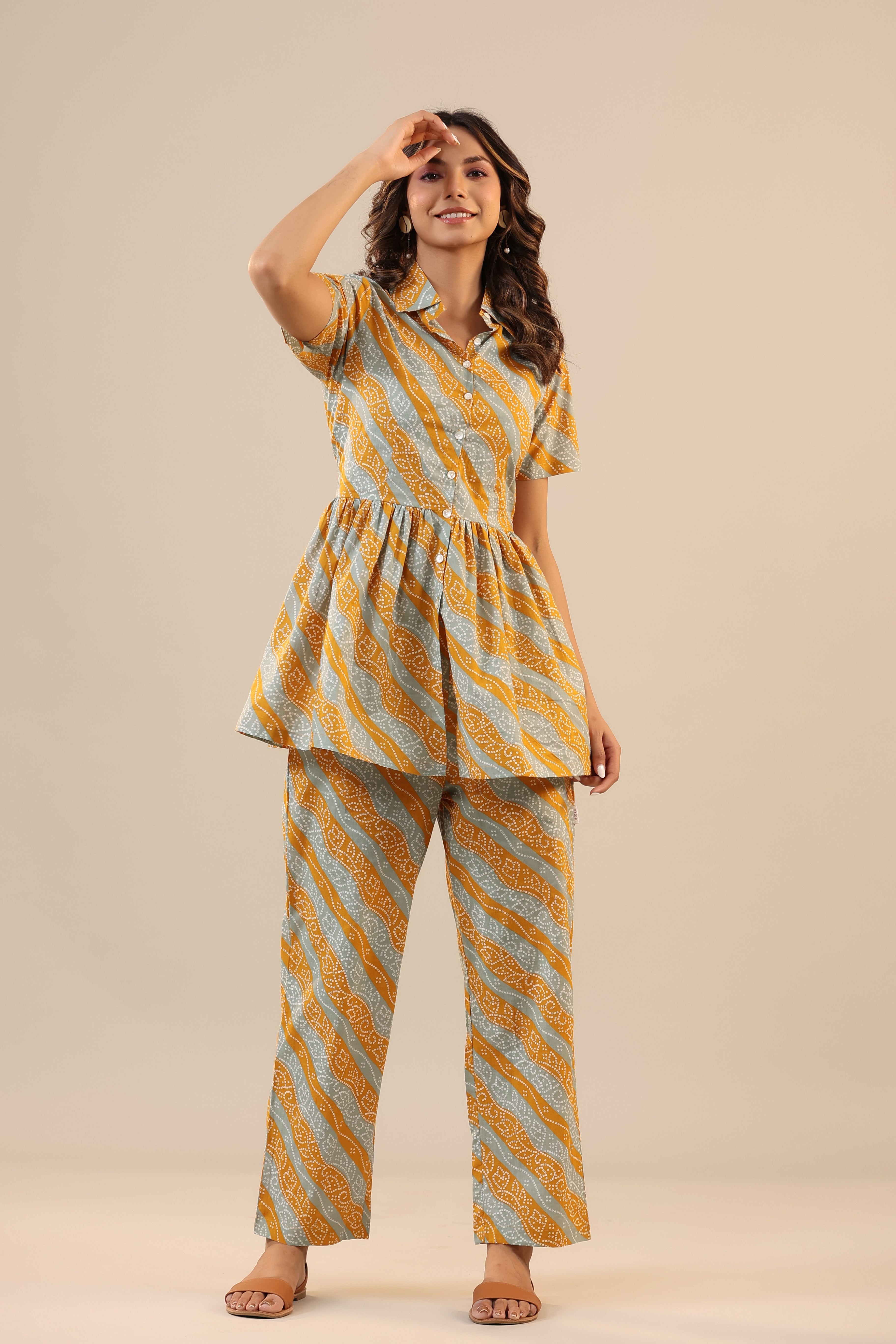 Lehariya with Bandhej on Cotton Peplum Loungewear Top Set