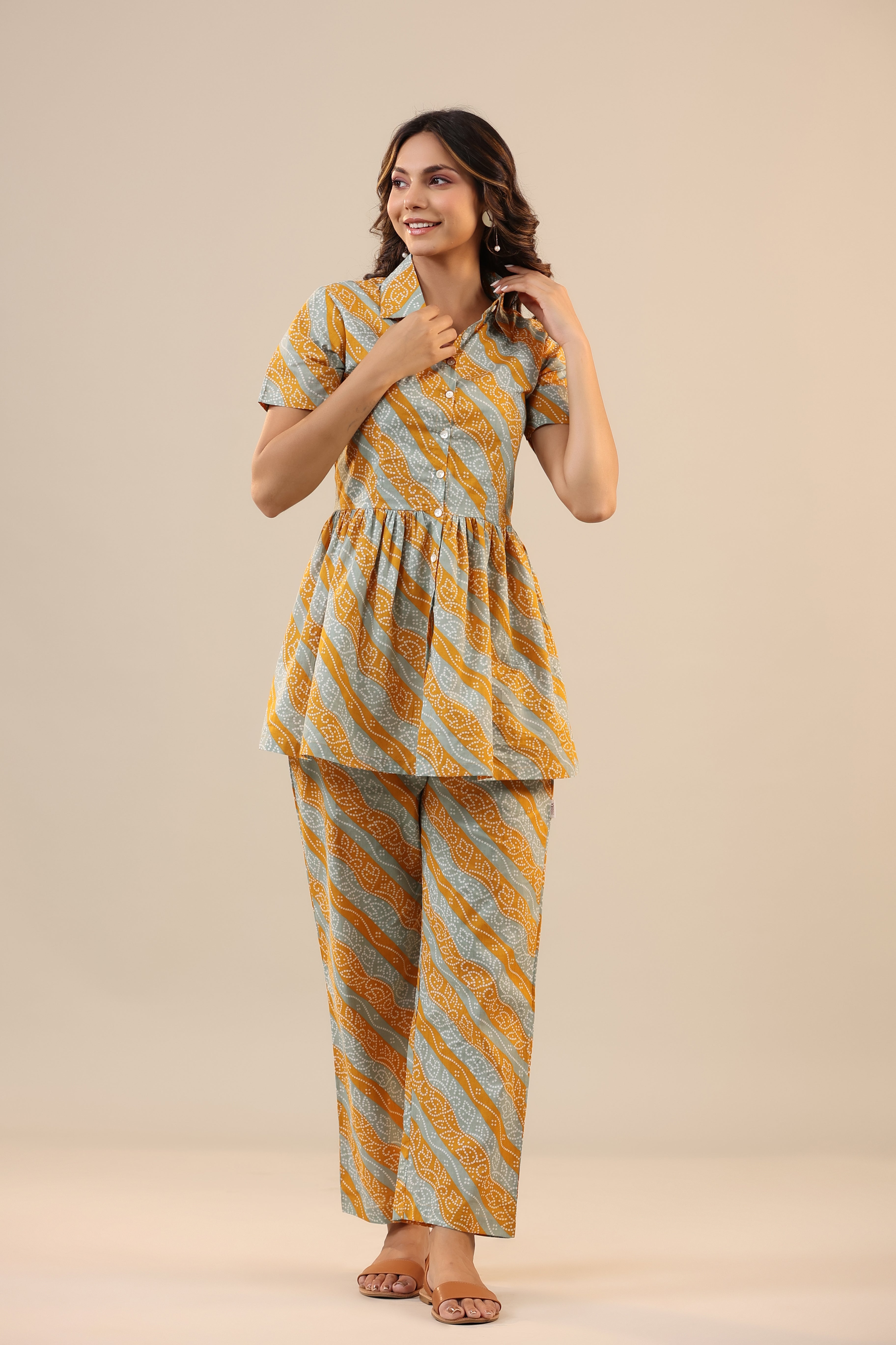 Lehariya with Bandhej on Cotton Peplum Loungewear Top Set