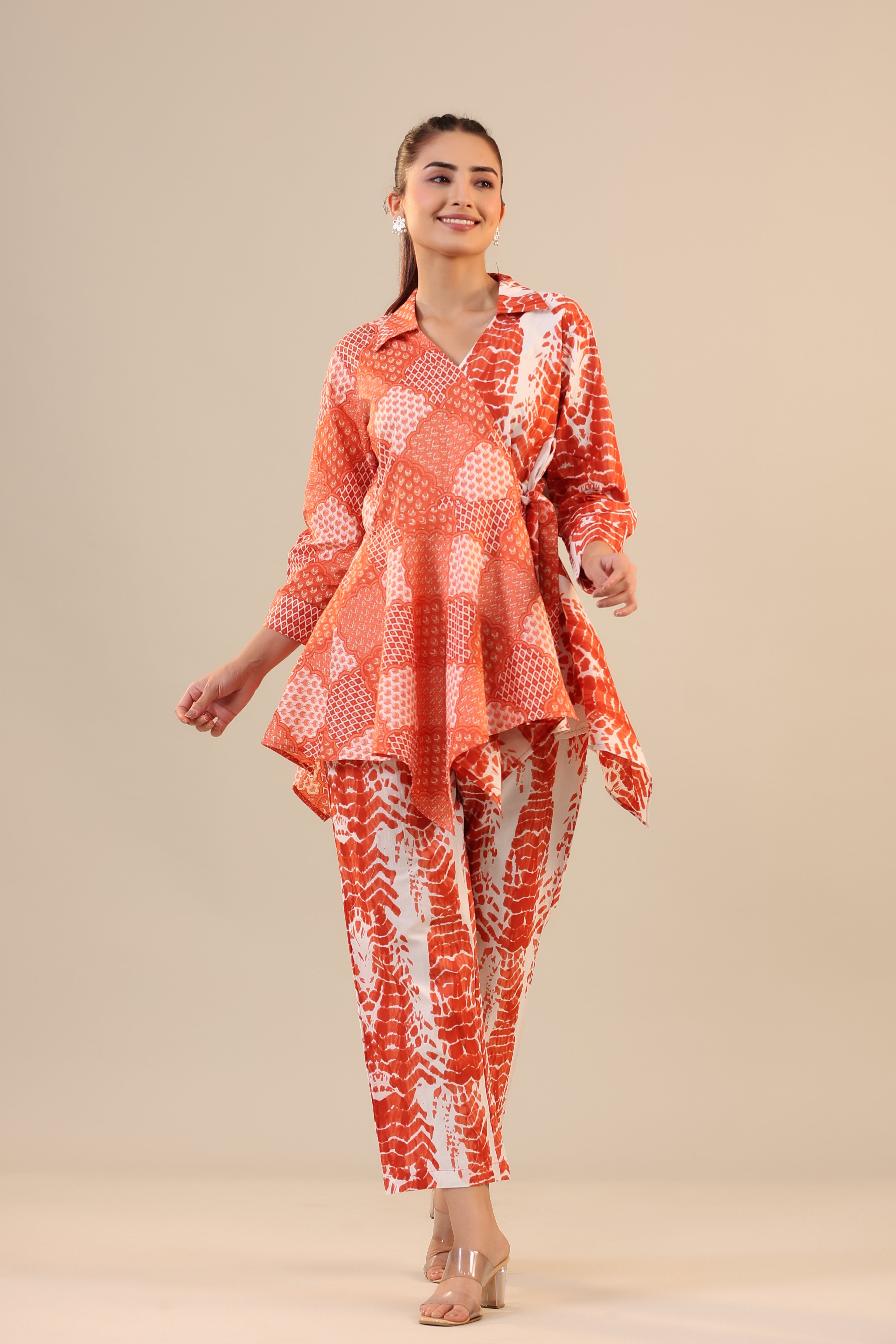 Orange abstract Shibori Knot Cotton Loungewear Set