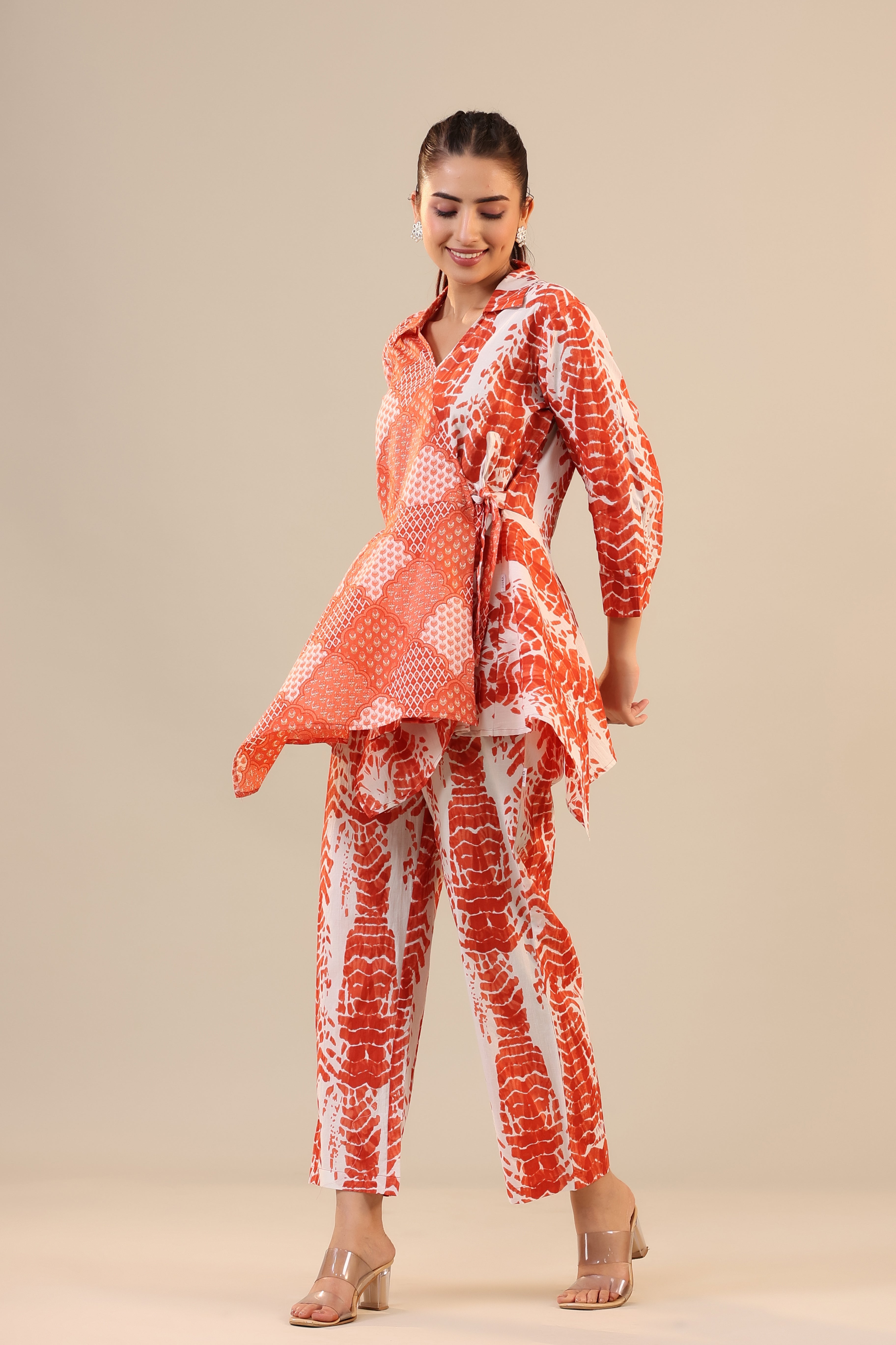 Orange abstract Shibori Knot Cotton Loungewear Set