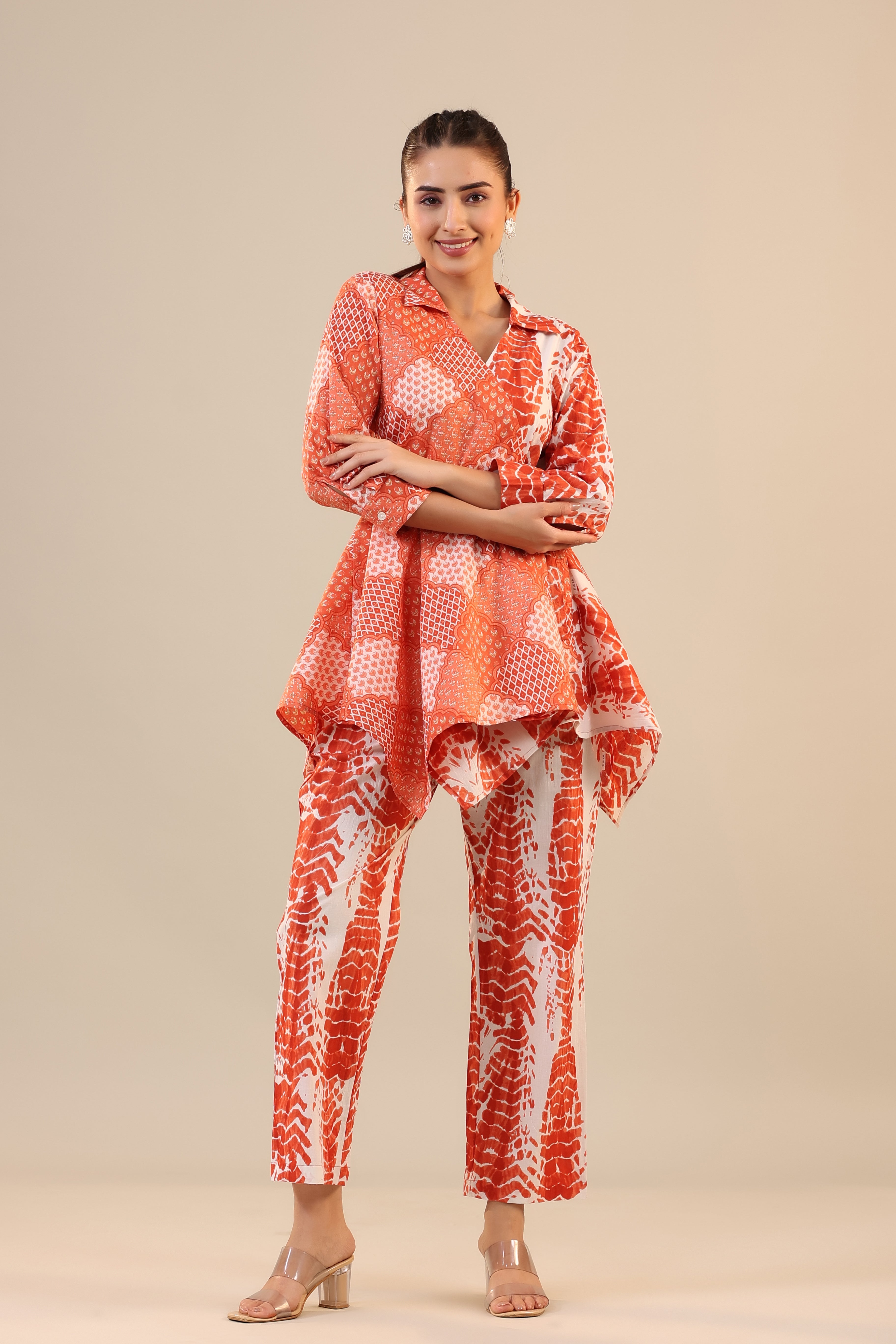 Orange abstract Shibori Knot Cotton Loungewear Set