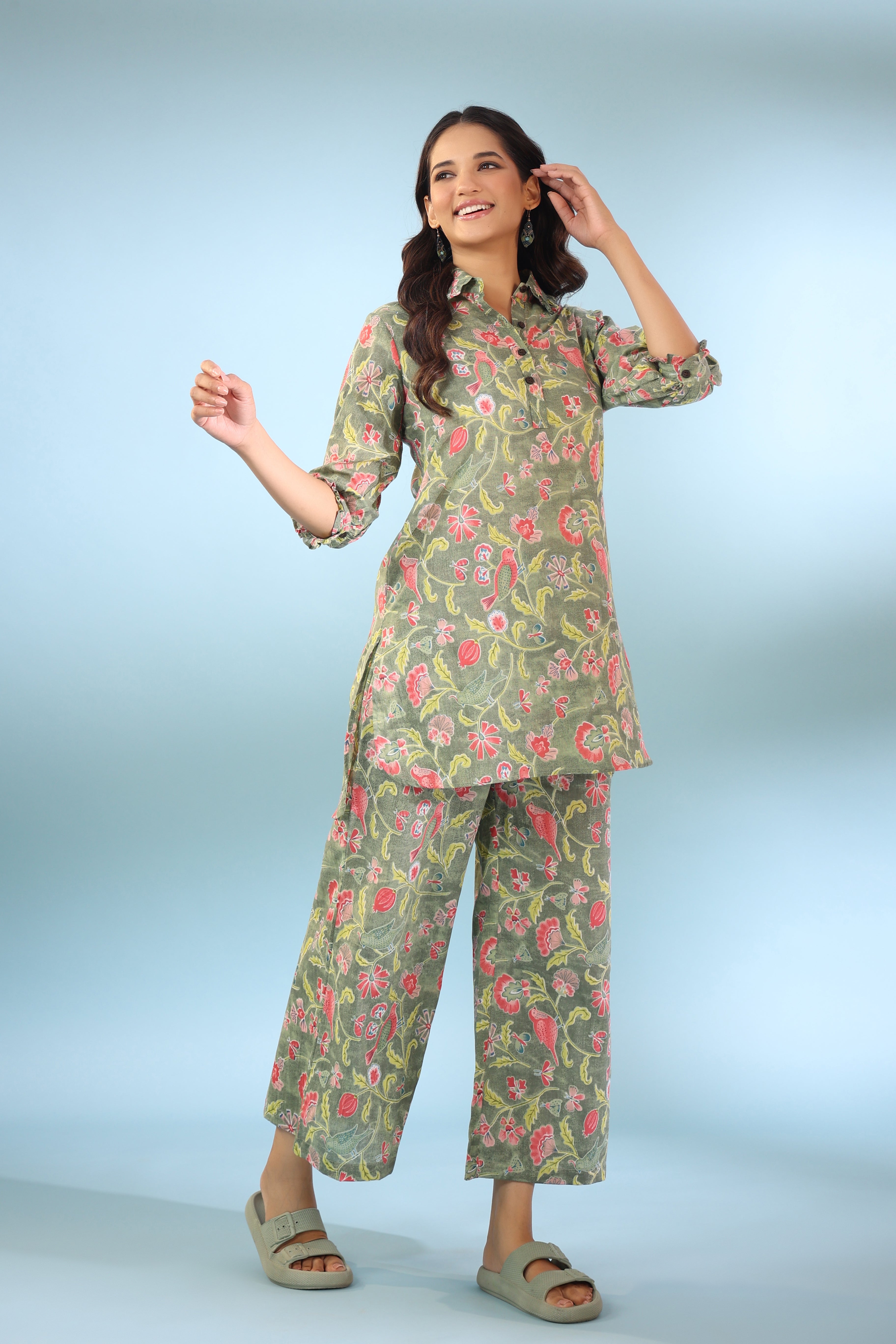 Floret Light Green Cotton Palazzo Loungewear Set