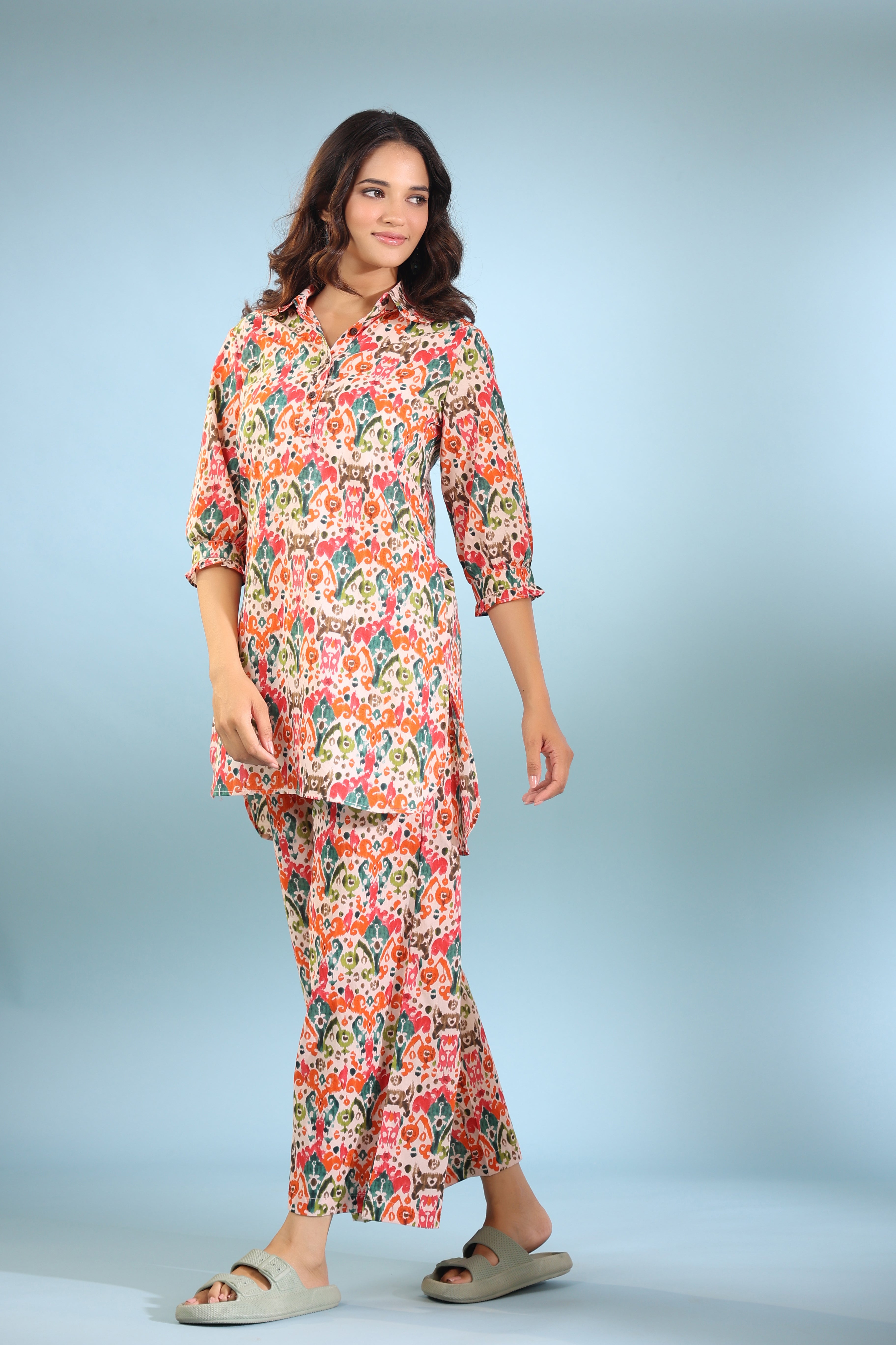 Traditional Ikat on Collared Cotton Palazzo Loungewear Set