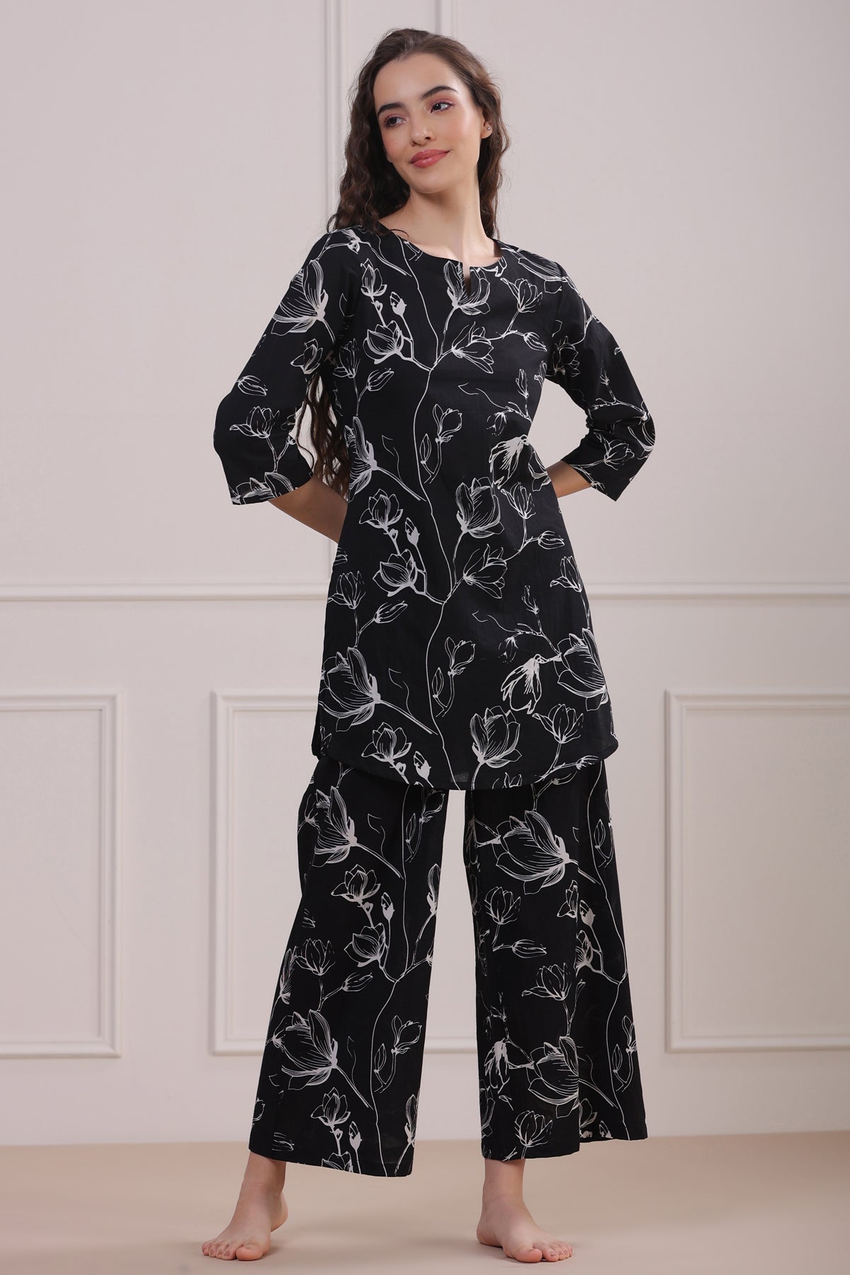 Abstract Floral on Black Palazzo Loungewear Set