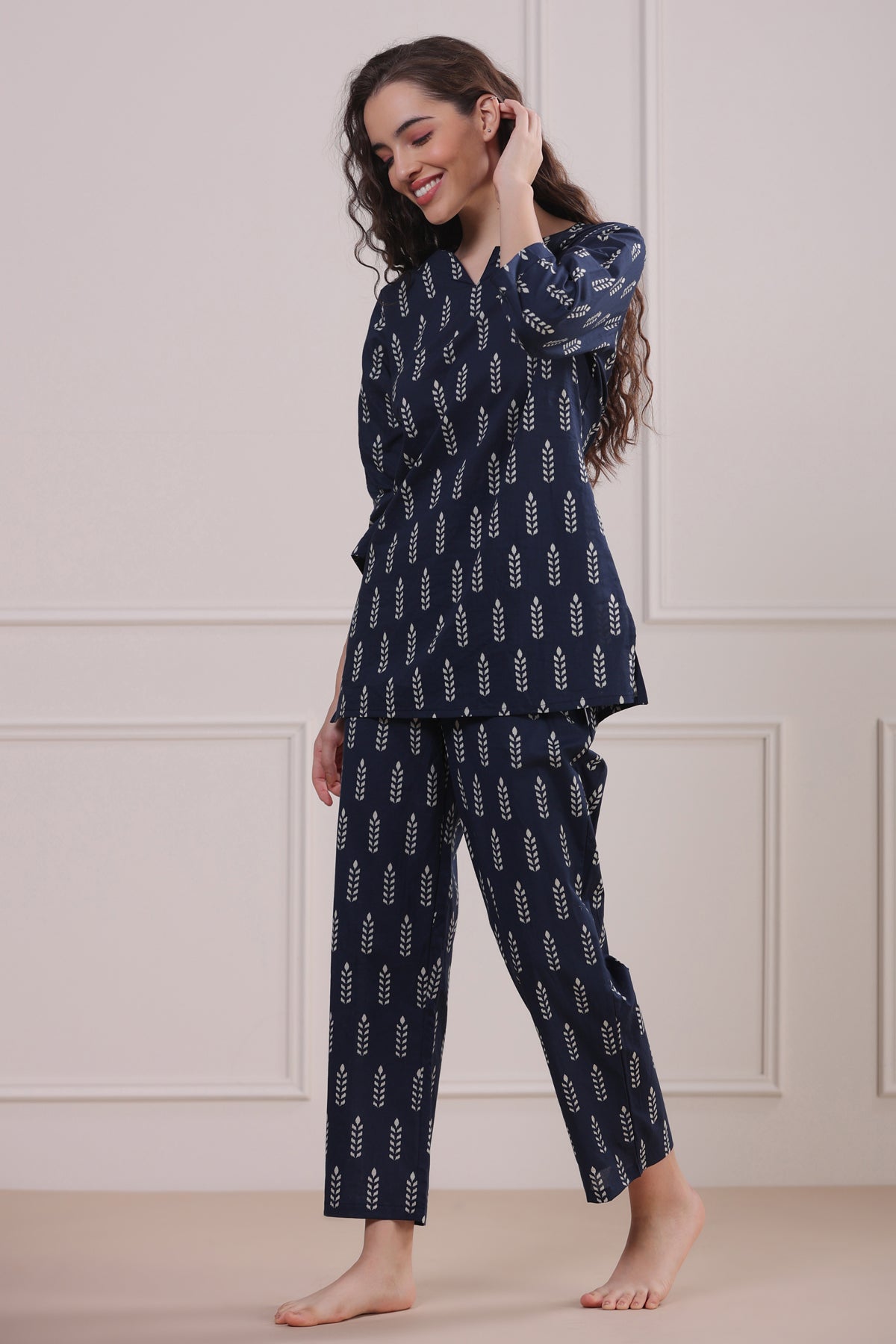 Minimalist Motif On Blue Loungewear Top Set