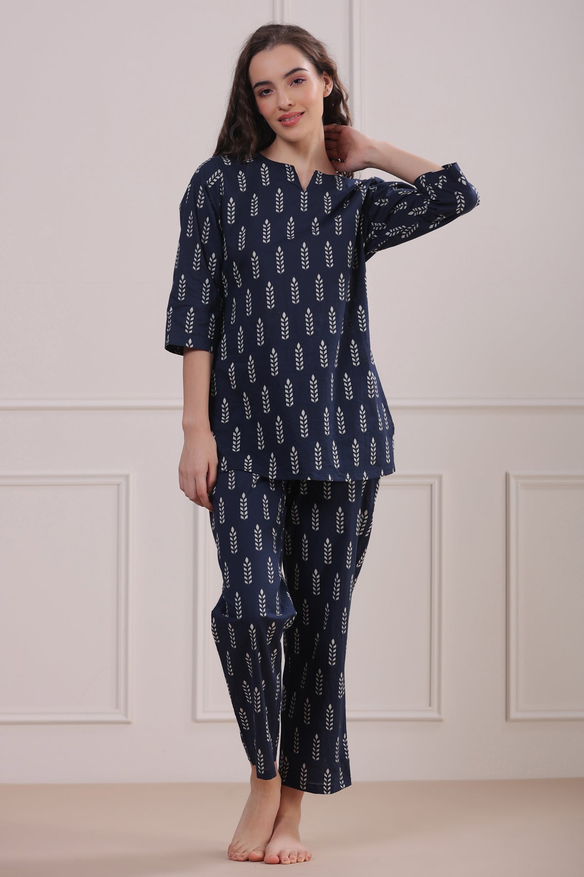 Minimalist Motif On Blue Loungewear Top Set