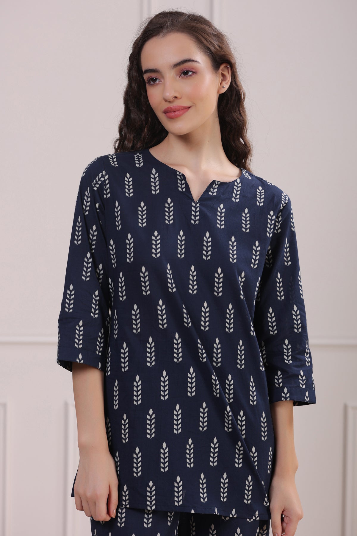 Minimalist Motif On Blue Loungewear Top Set