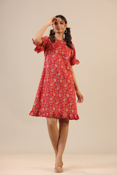 Floral Jaal on Red T-shirt Dress