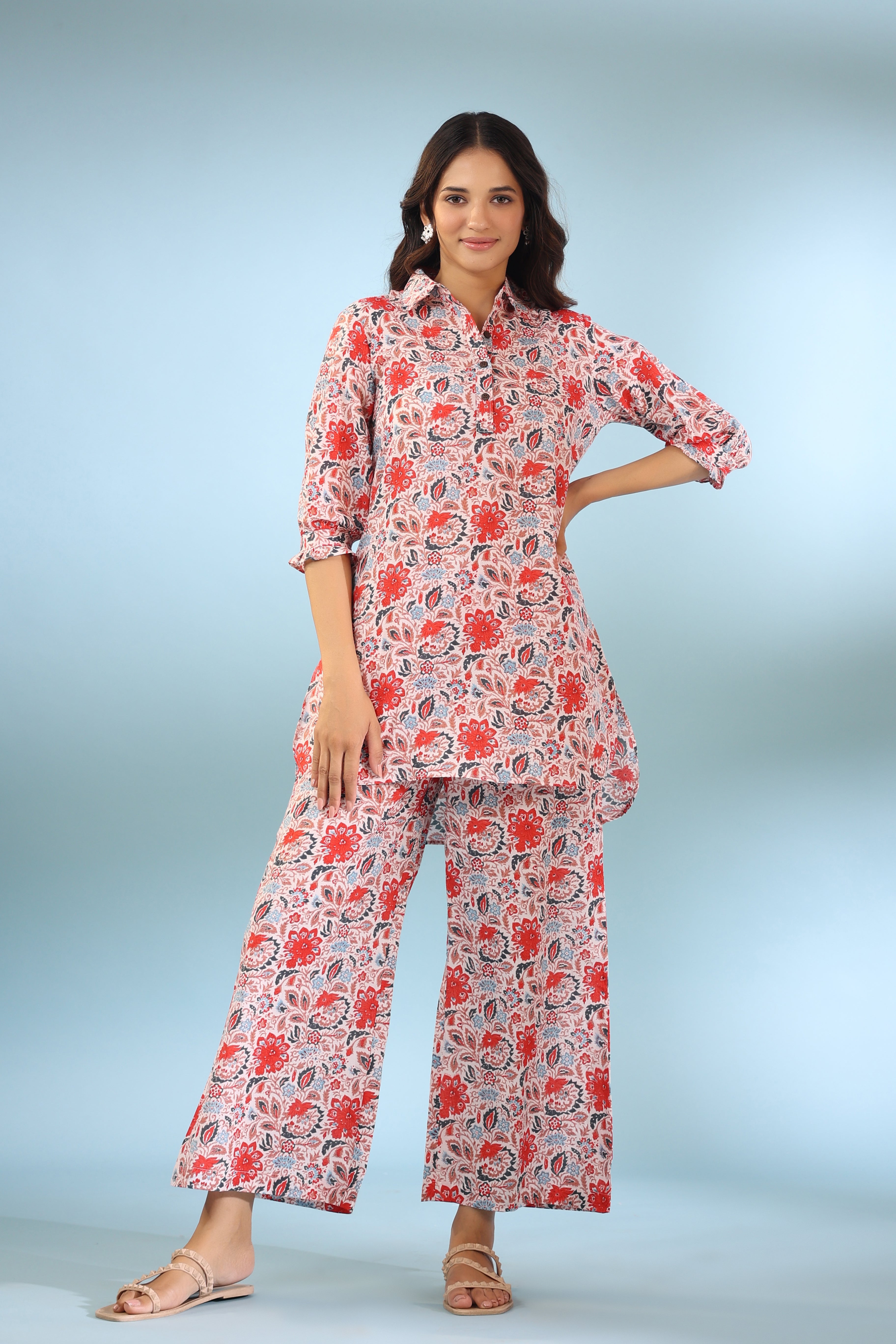 Spring Flowers on Cotton Palazzo Loungewear Set