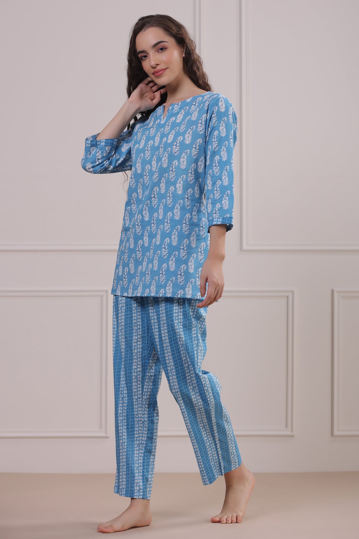 Paisley with Stripes on Blue Loungewear Top Set