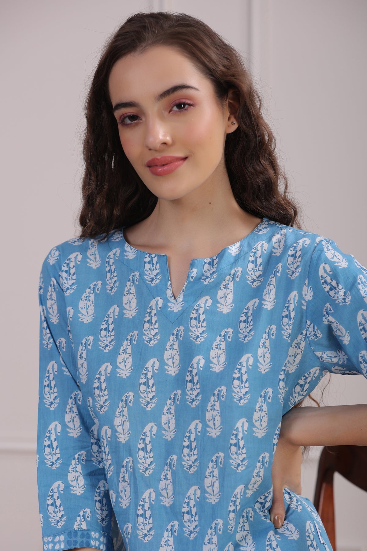 Paisley with Stripes on Blue Loungewear Top Set