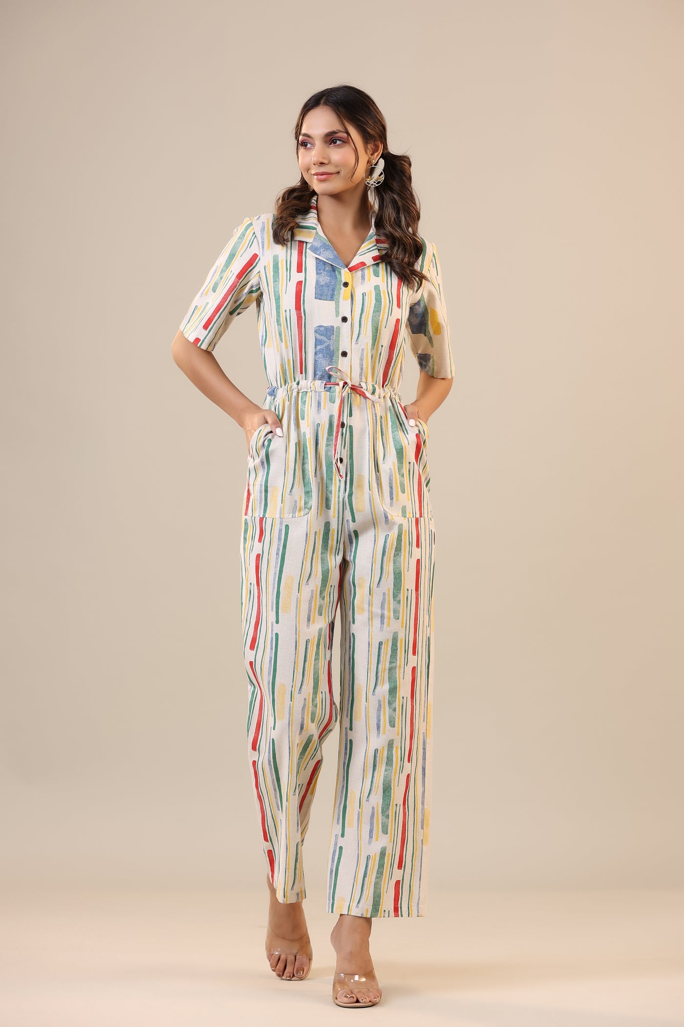 Parallel Abstract Striped on Off white Khadi Jumpsuit