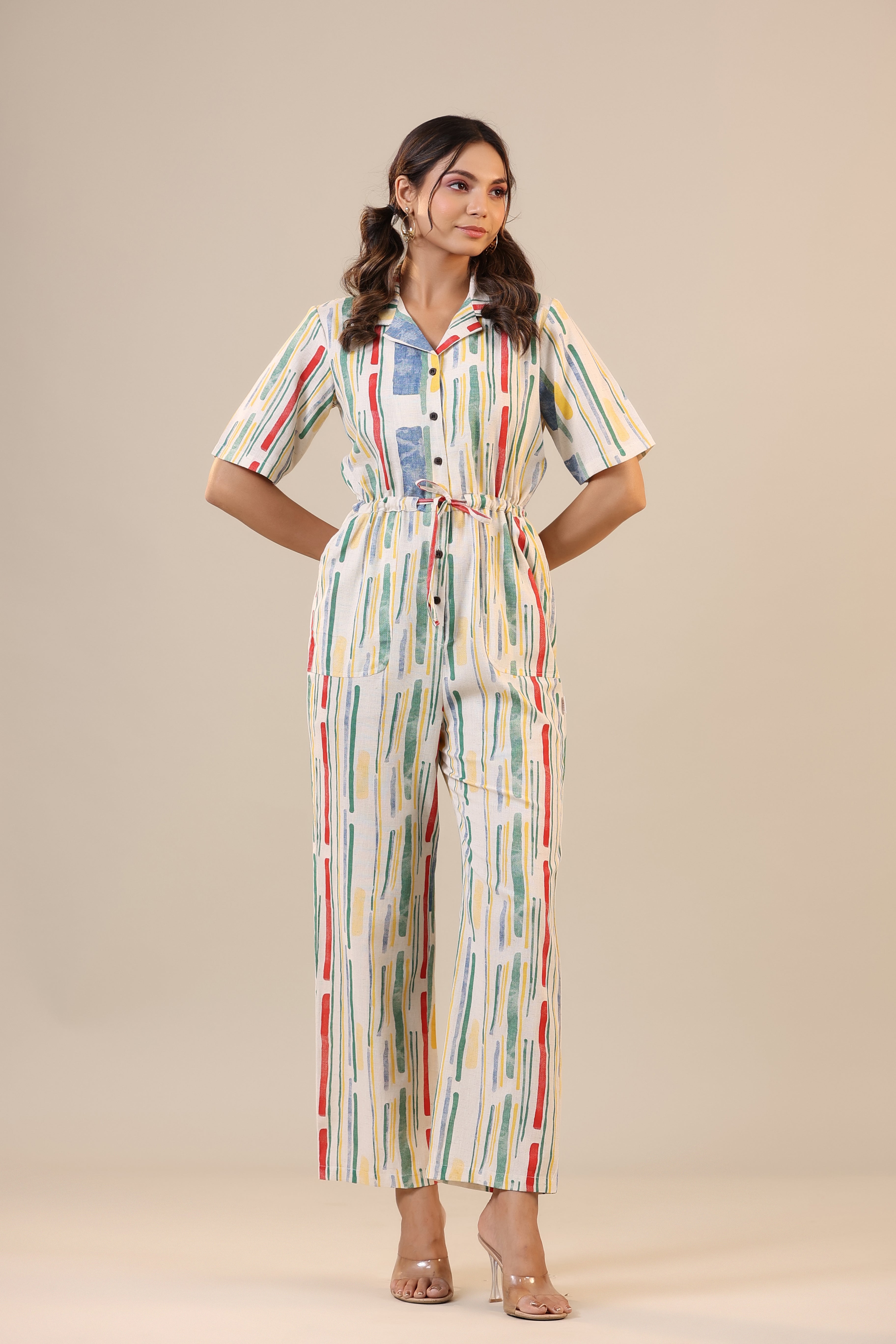 Parallel Abstract Striped on Off white Cotton Flex Jumpsuit