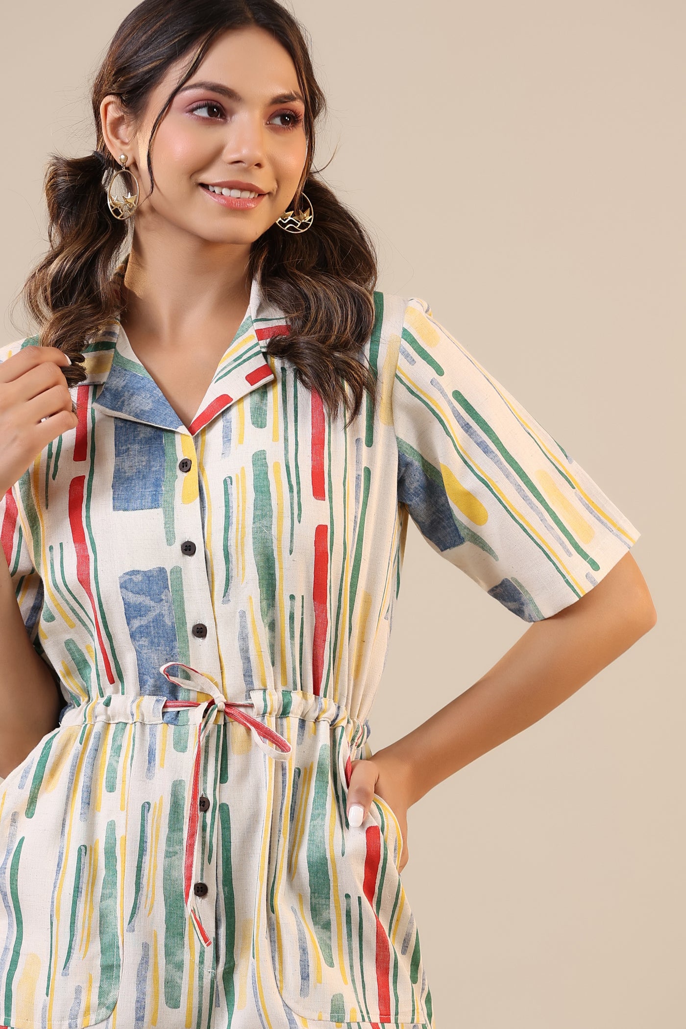 Parallel Abstract Striped on Off white Khadi Jumpsuit JISORA