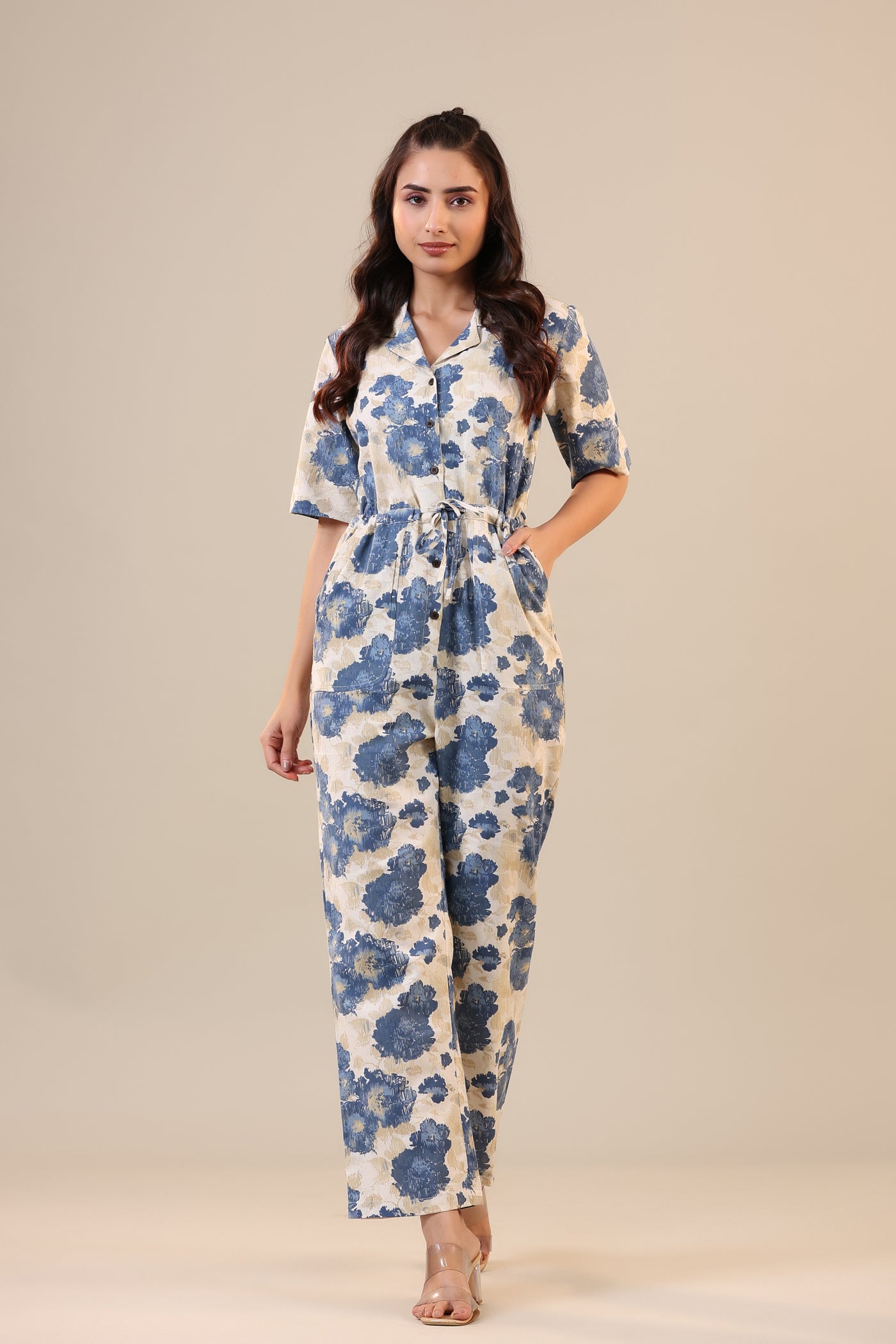 Watercolour Florals on Off white Khadi Jumpsuit