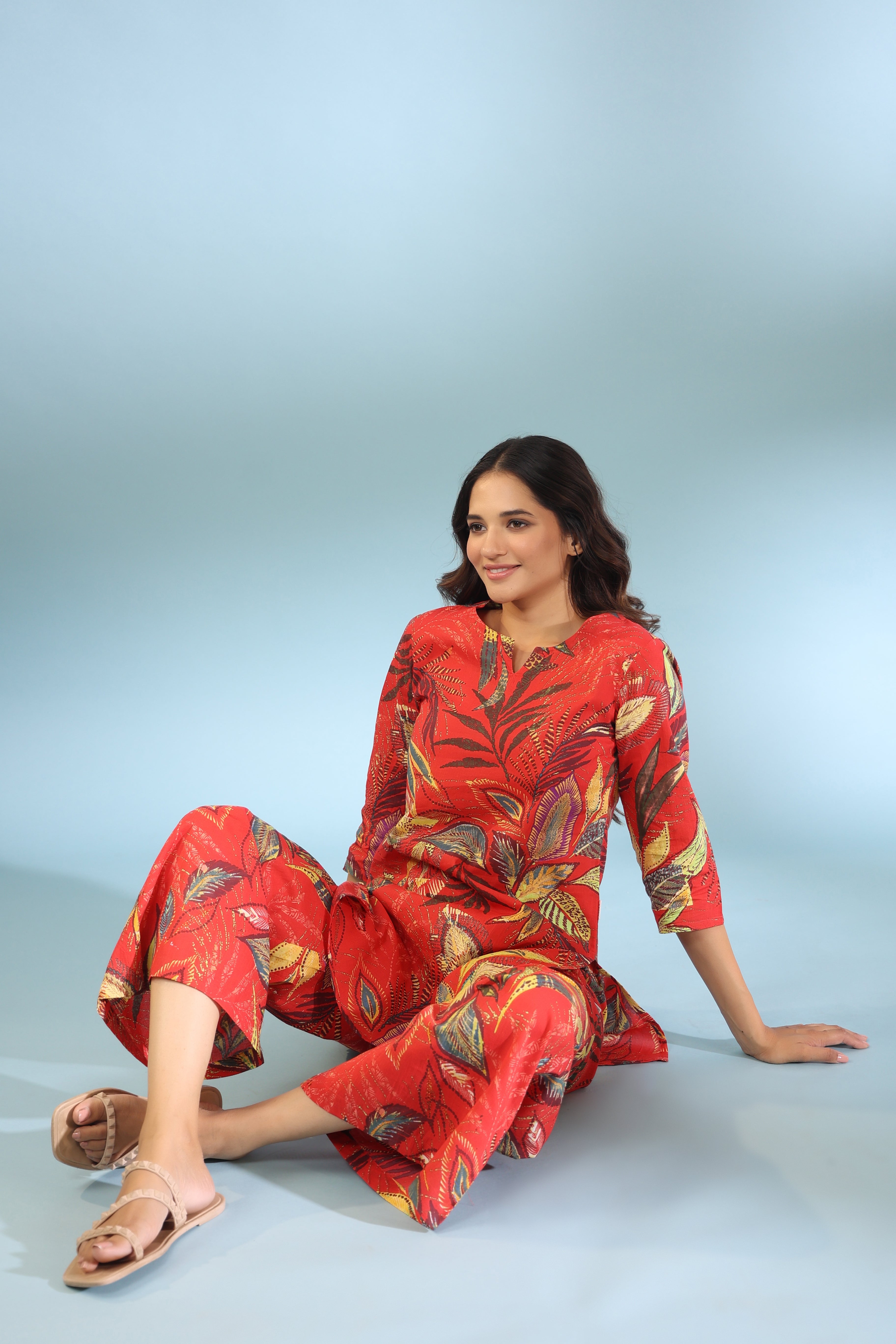 Leaf Ombre on Maroon Cotton Palazzo Loungewear Set