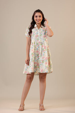 Floral Canopies on Off white Collared Cotton T-shirt dress