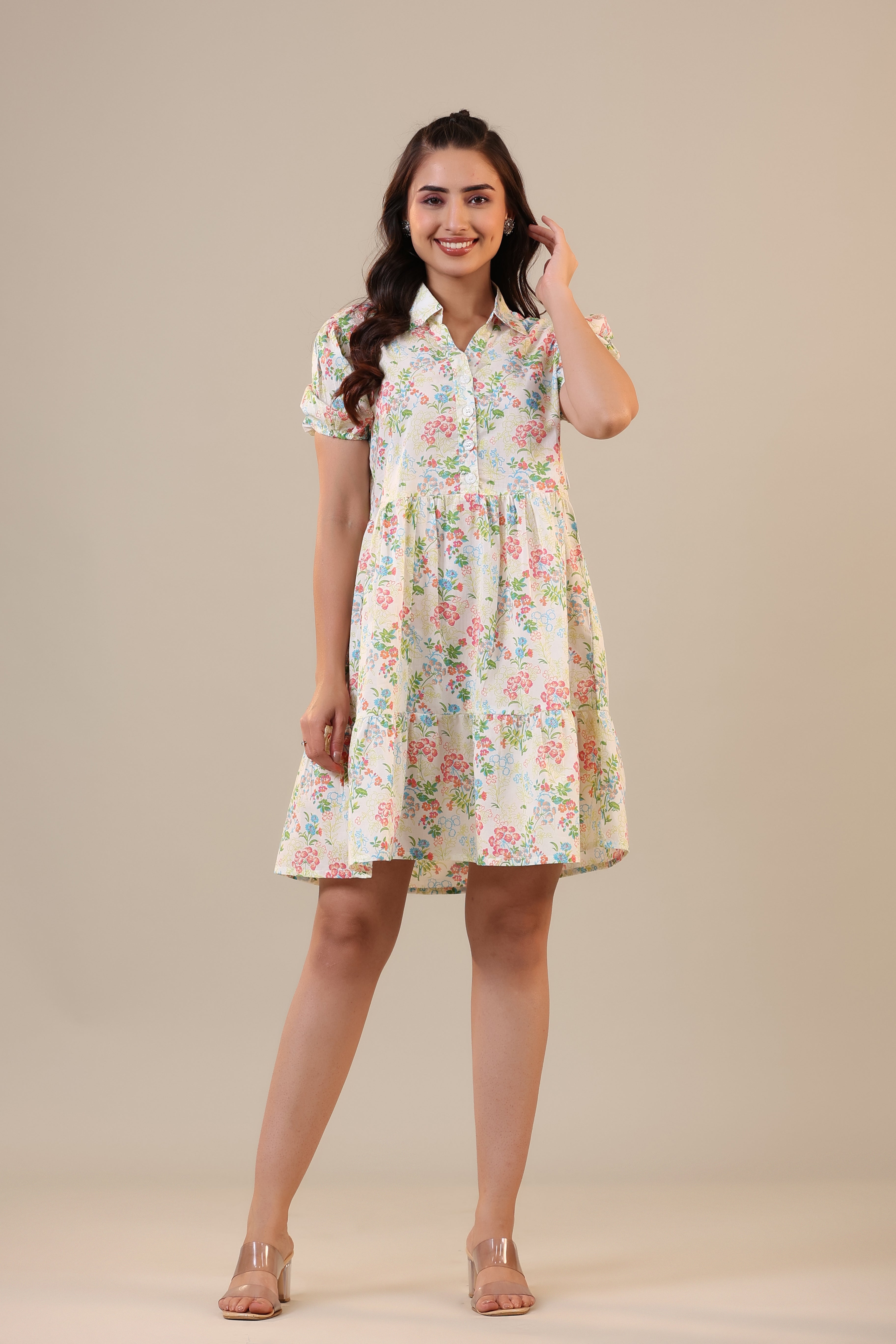 Floral Canopies on Off white Collared T-shirt dress