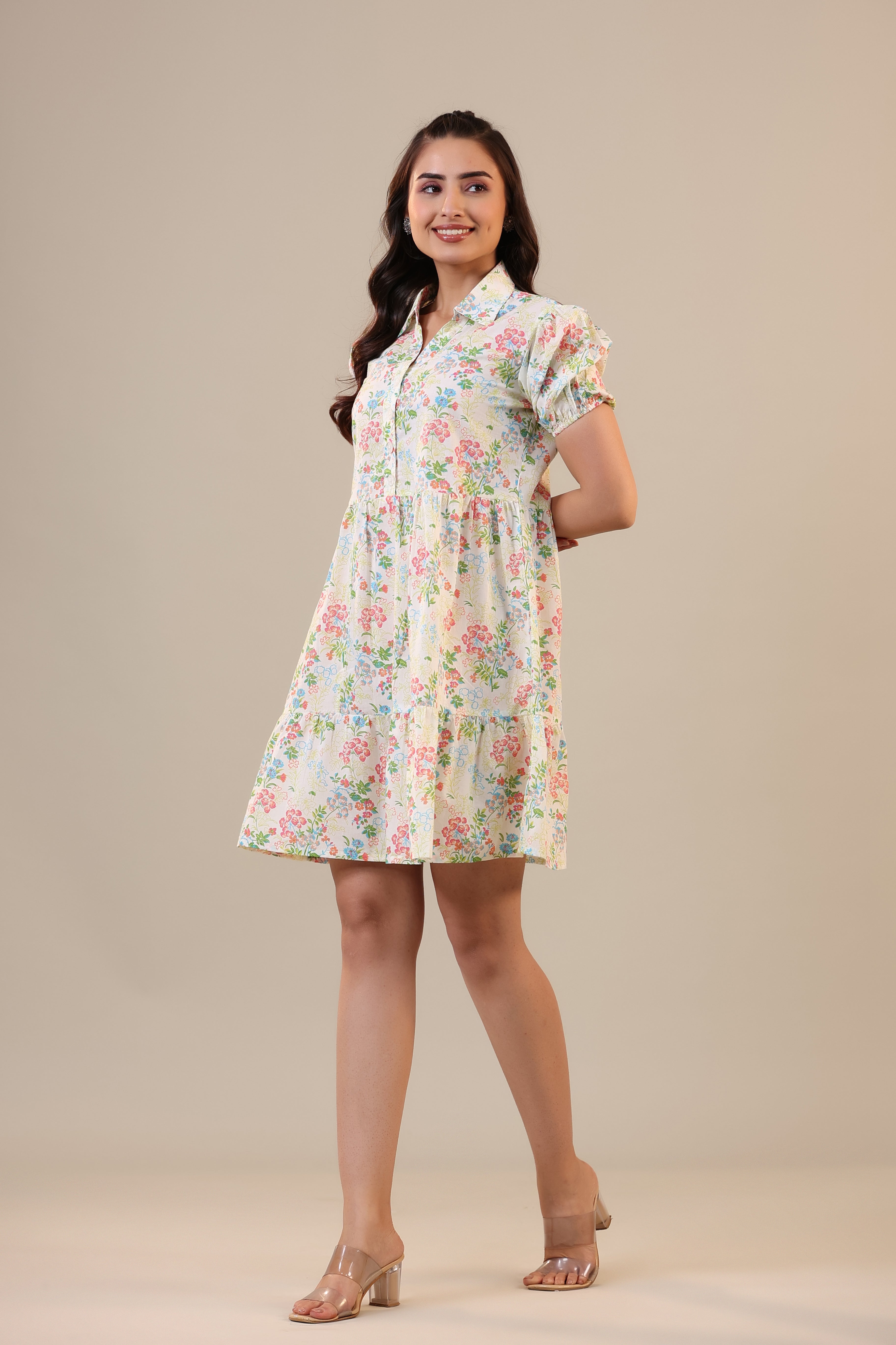 Floral Canopies on Off white Collared T-shirt dress