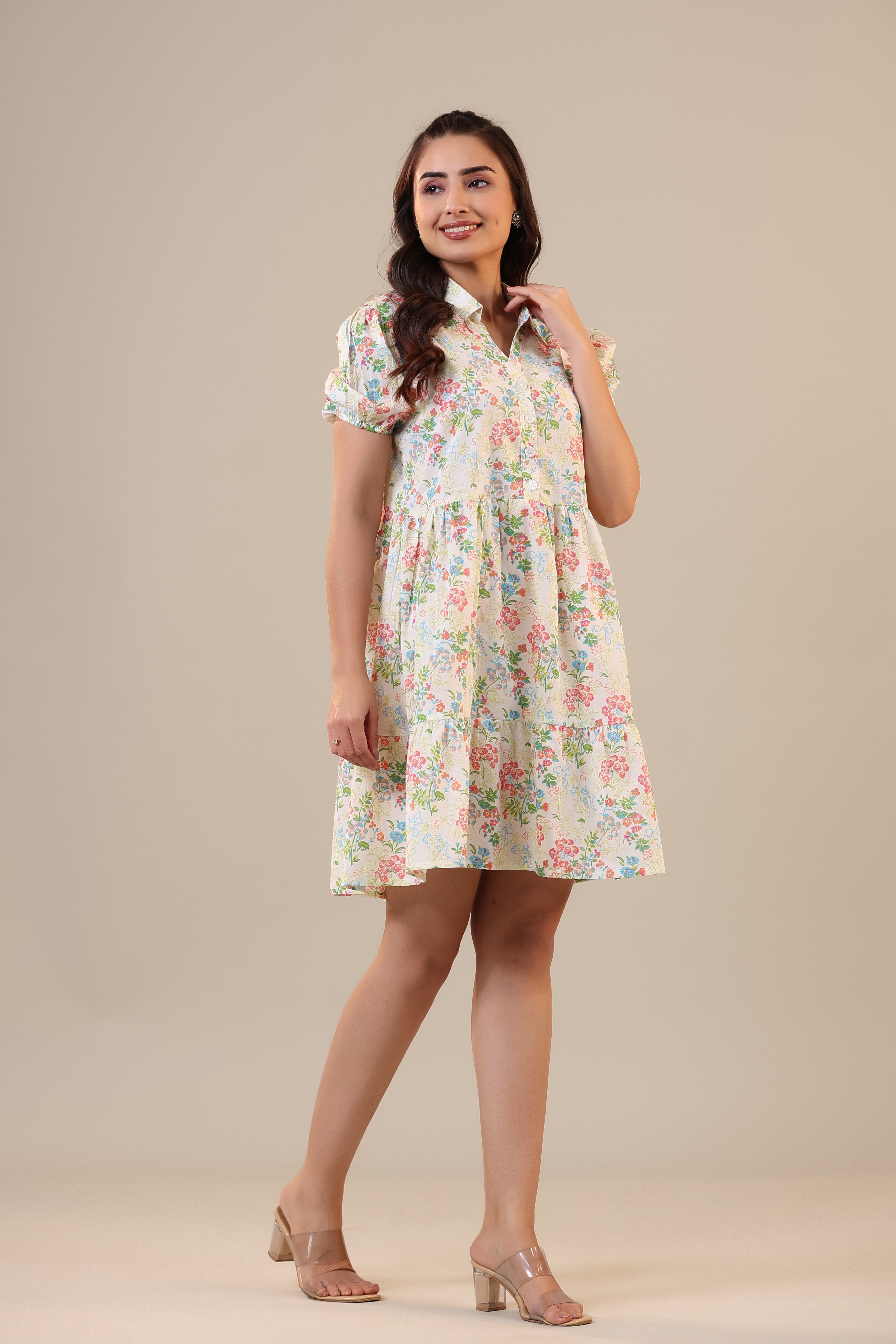 Floral Canopies on Off white Collared T-shirt dress