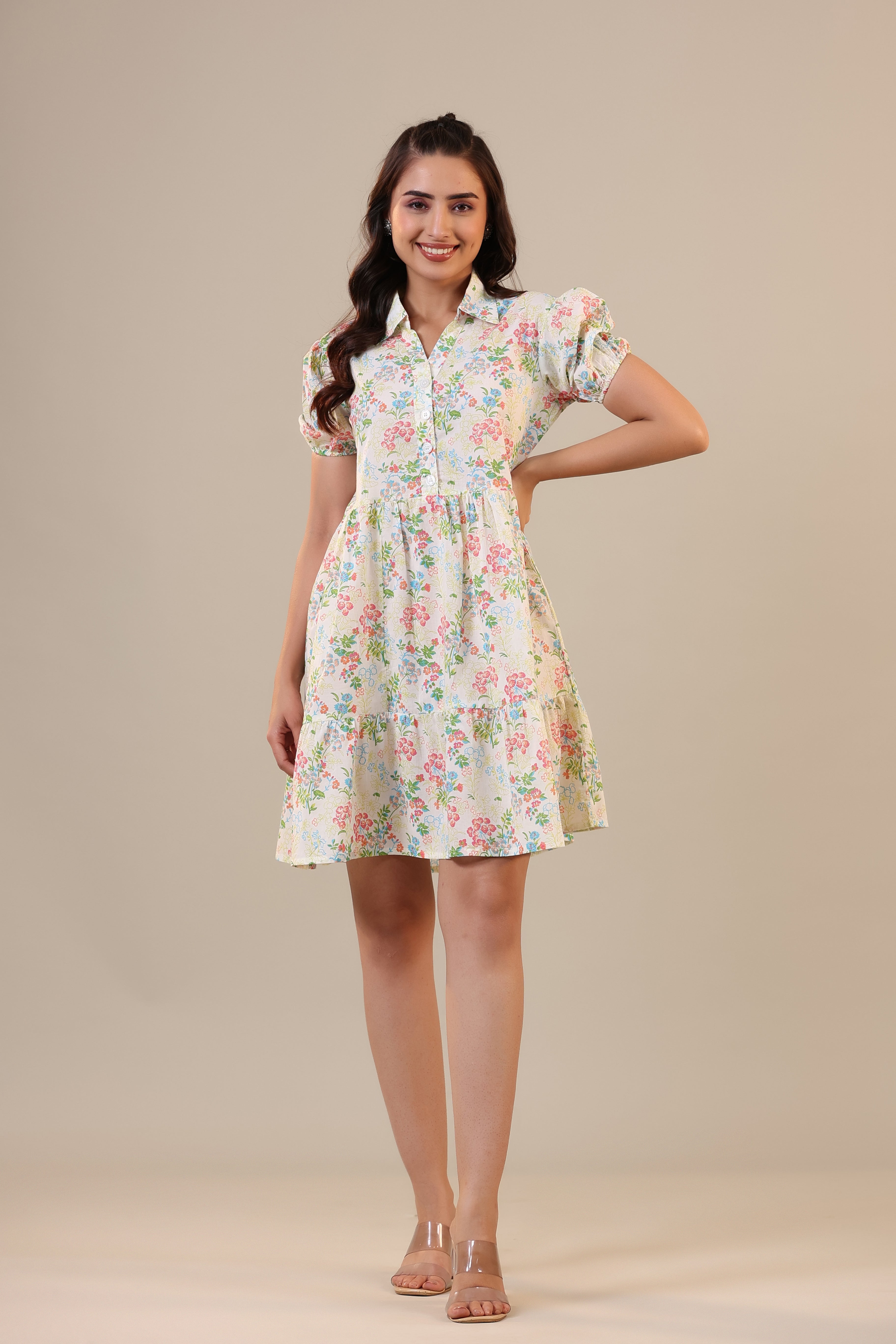 Floral Canopies on Off white Collared T-shirt dress