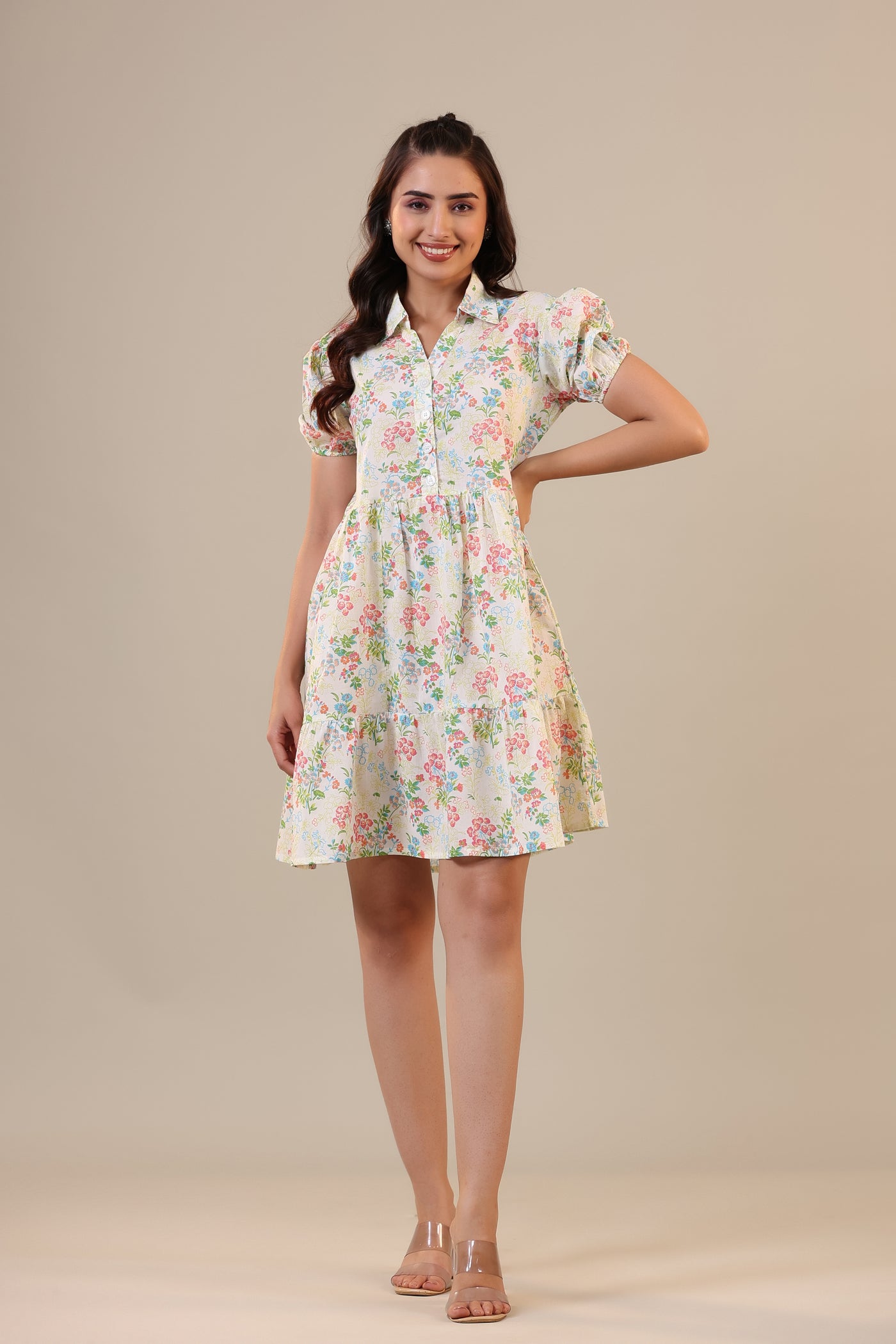 Floral Canopies on Off white Collared T-shirt dress