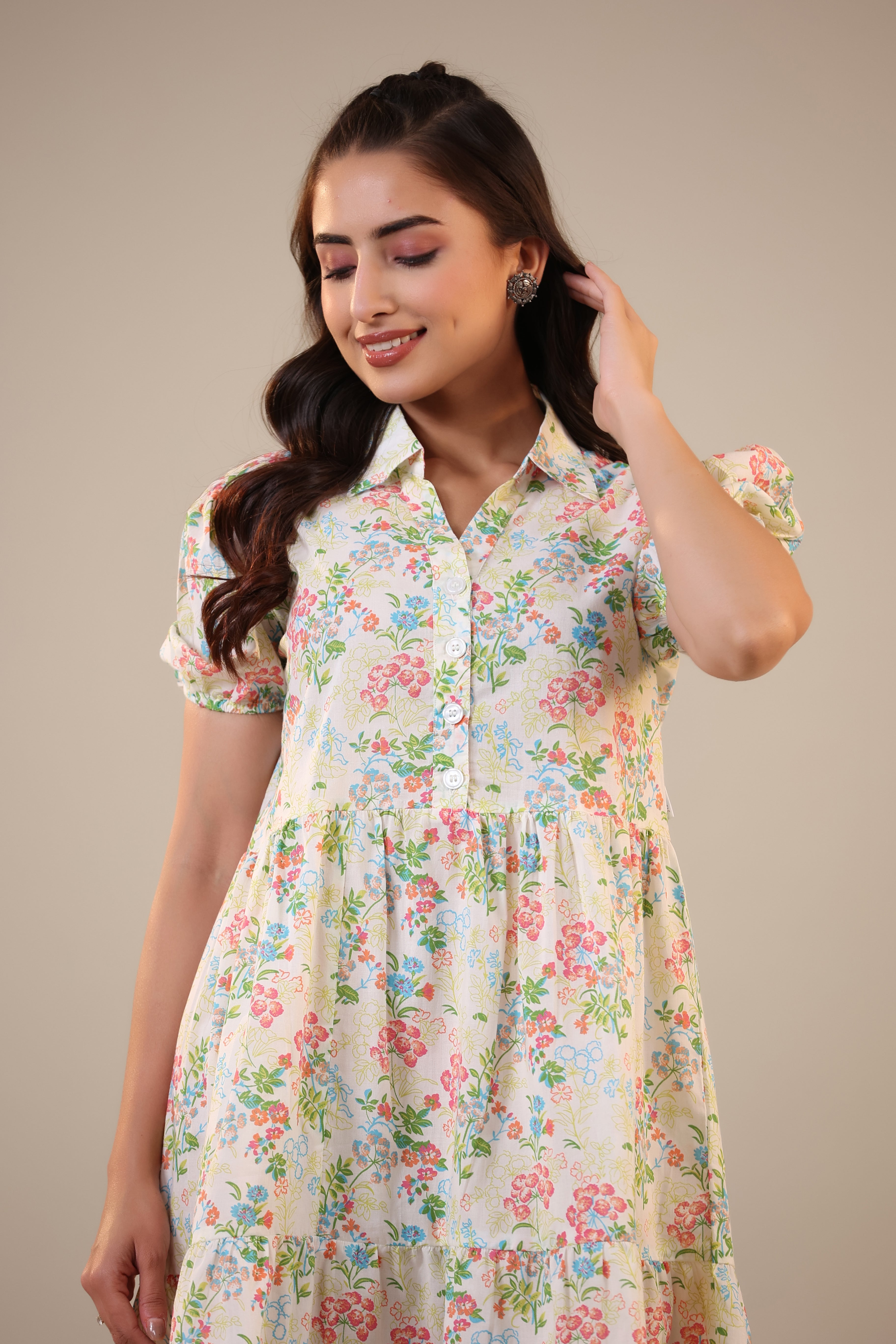 Floral Canopies on Off white Collared T-shirt dress