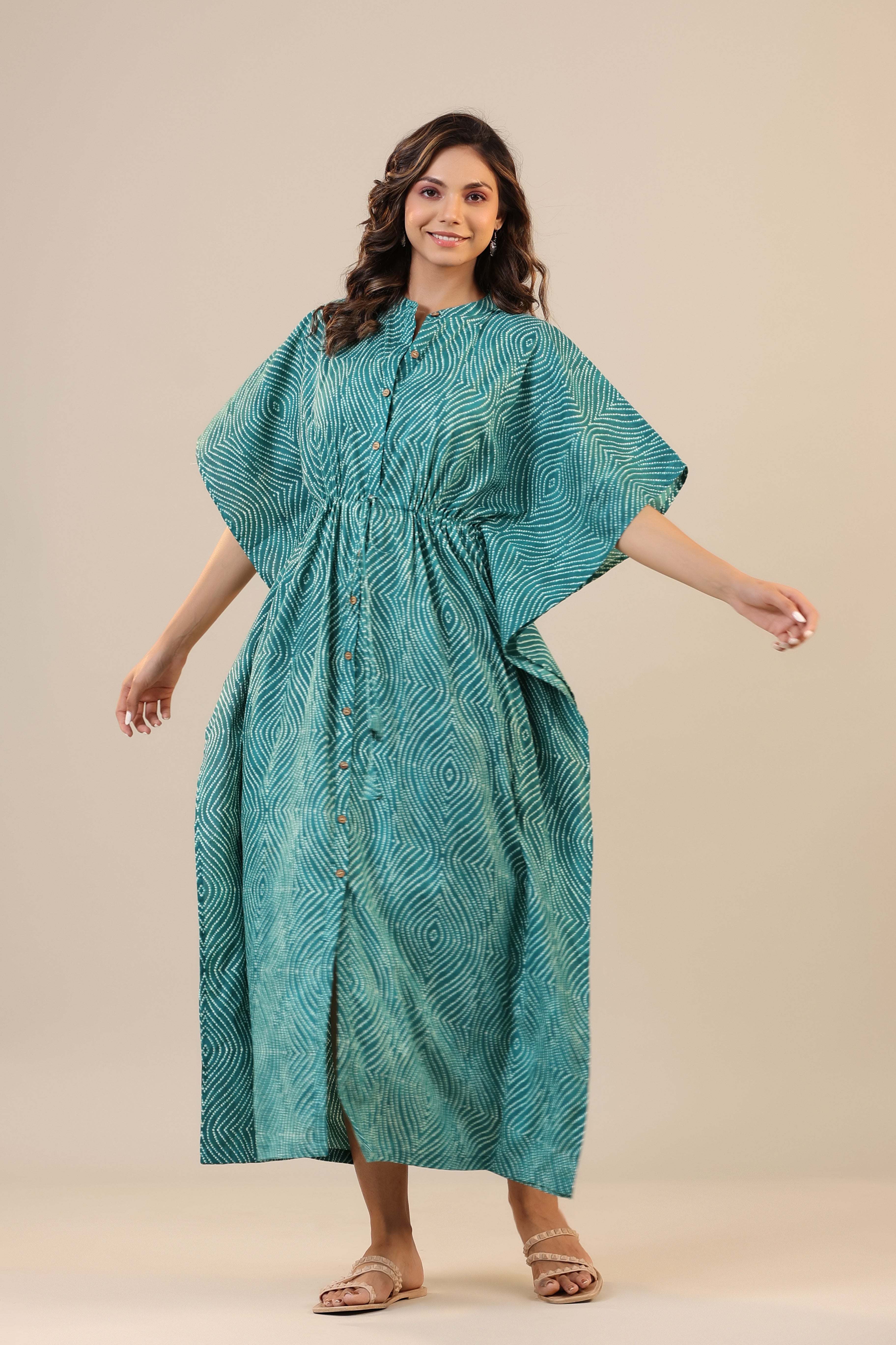 Patterned Shibori on Teal Front Buttoned Kaftan