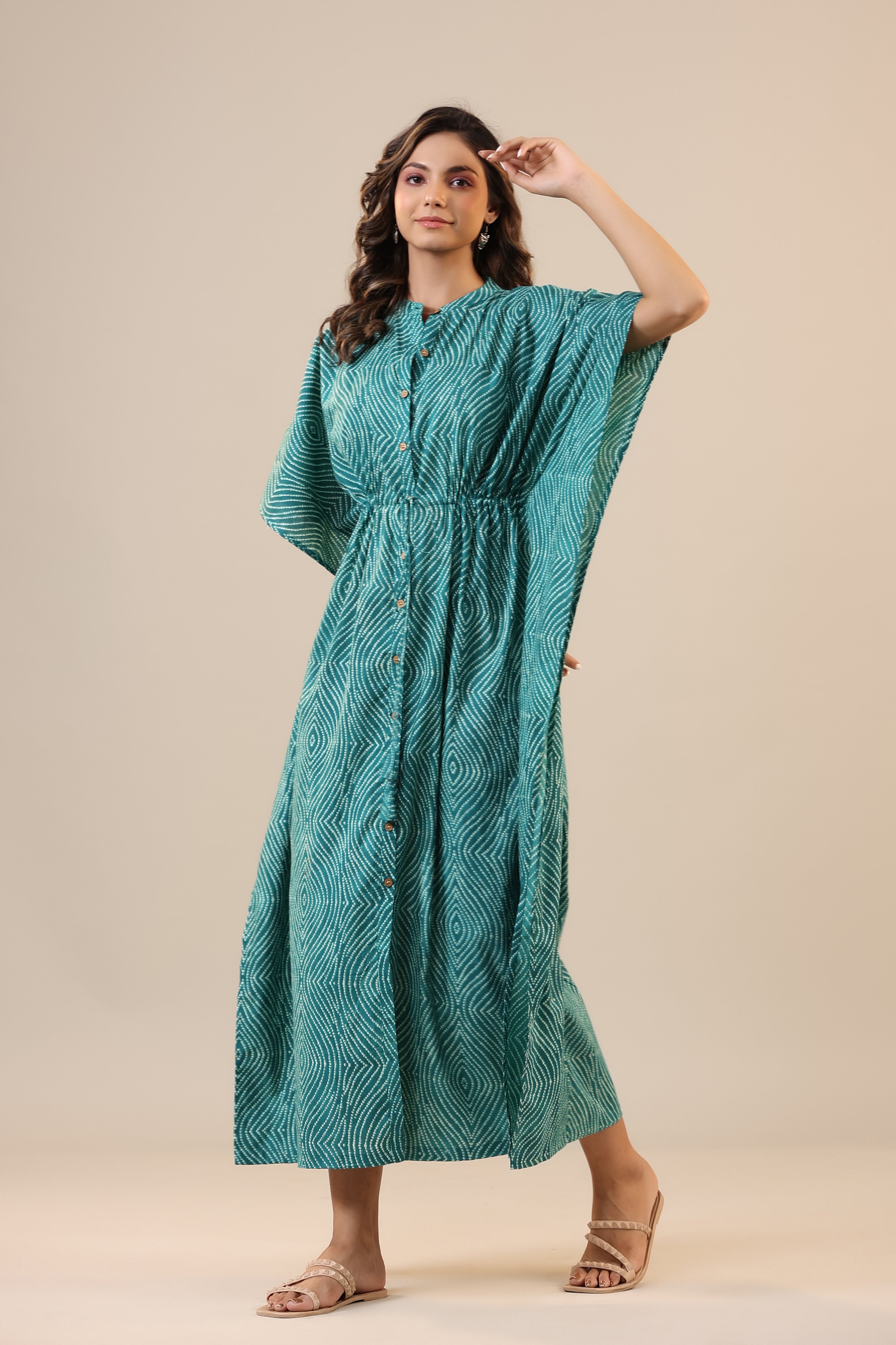 Patterned Shibori on Teal Front Buttoned Kaftan