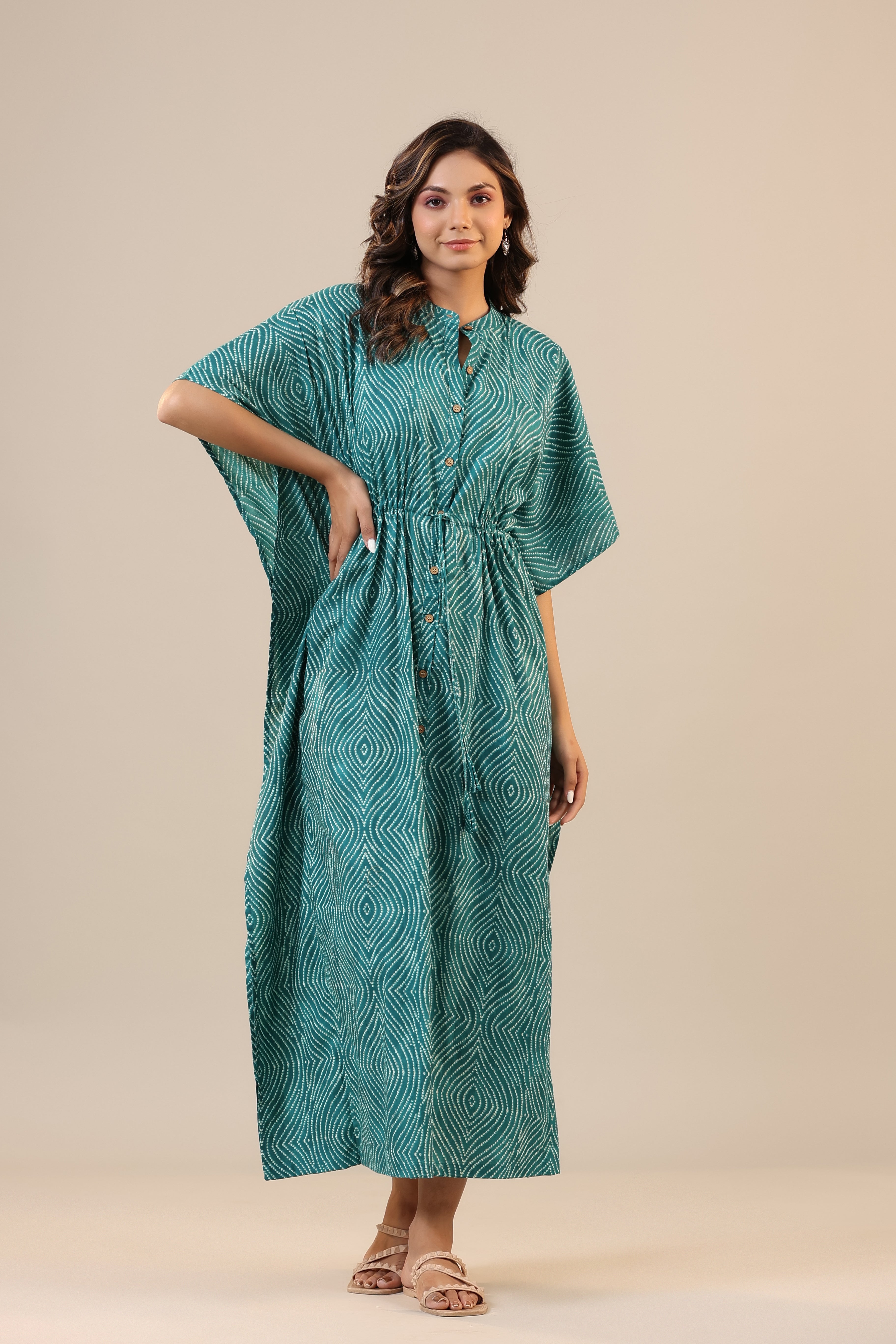 Patterned Shibori on Teal Front Buttoned Kaftan