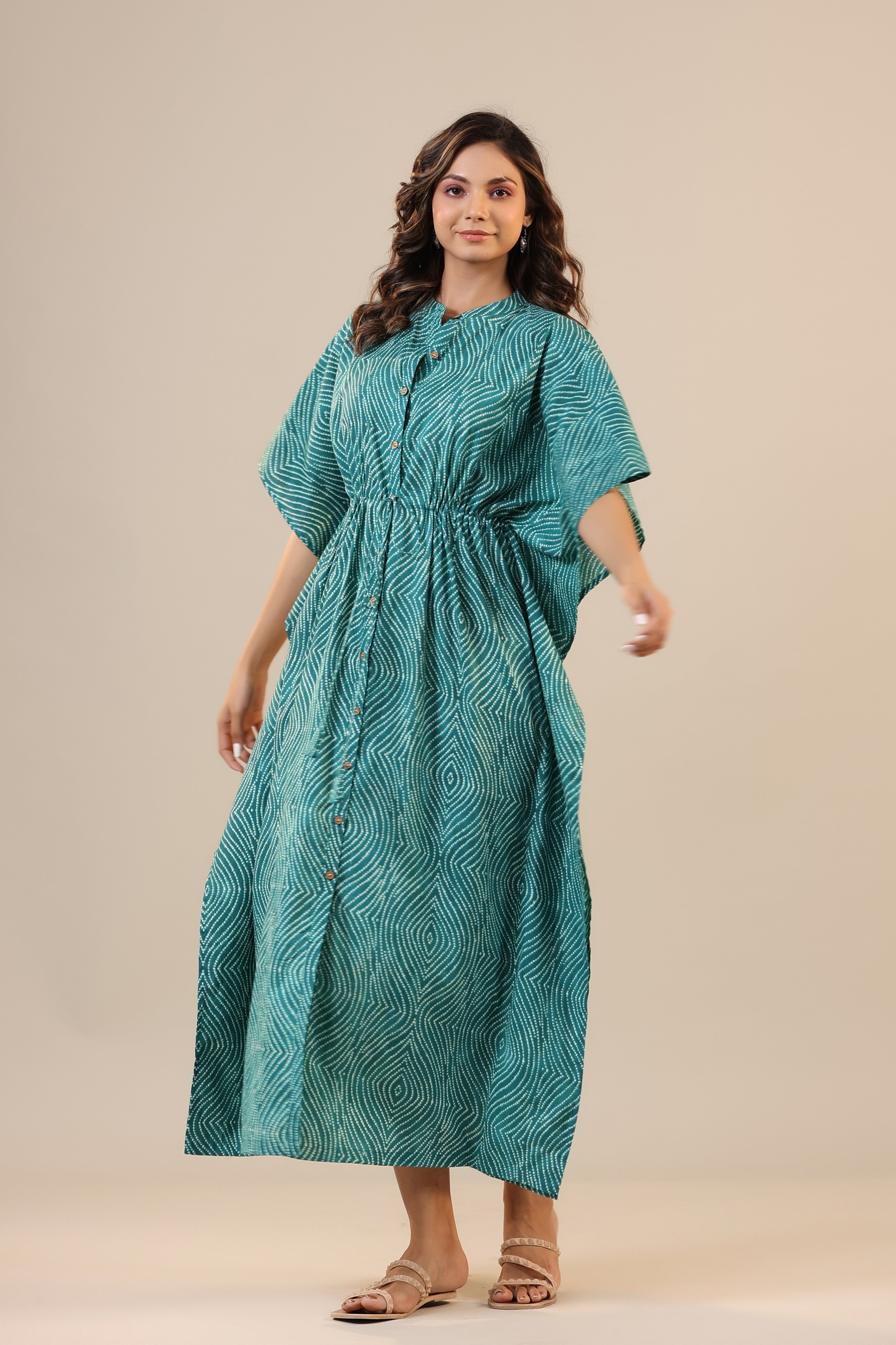 Patterned Shibori on Teal Front Buttoned Kaftan