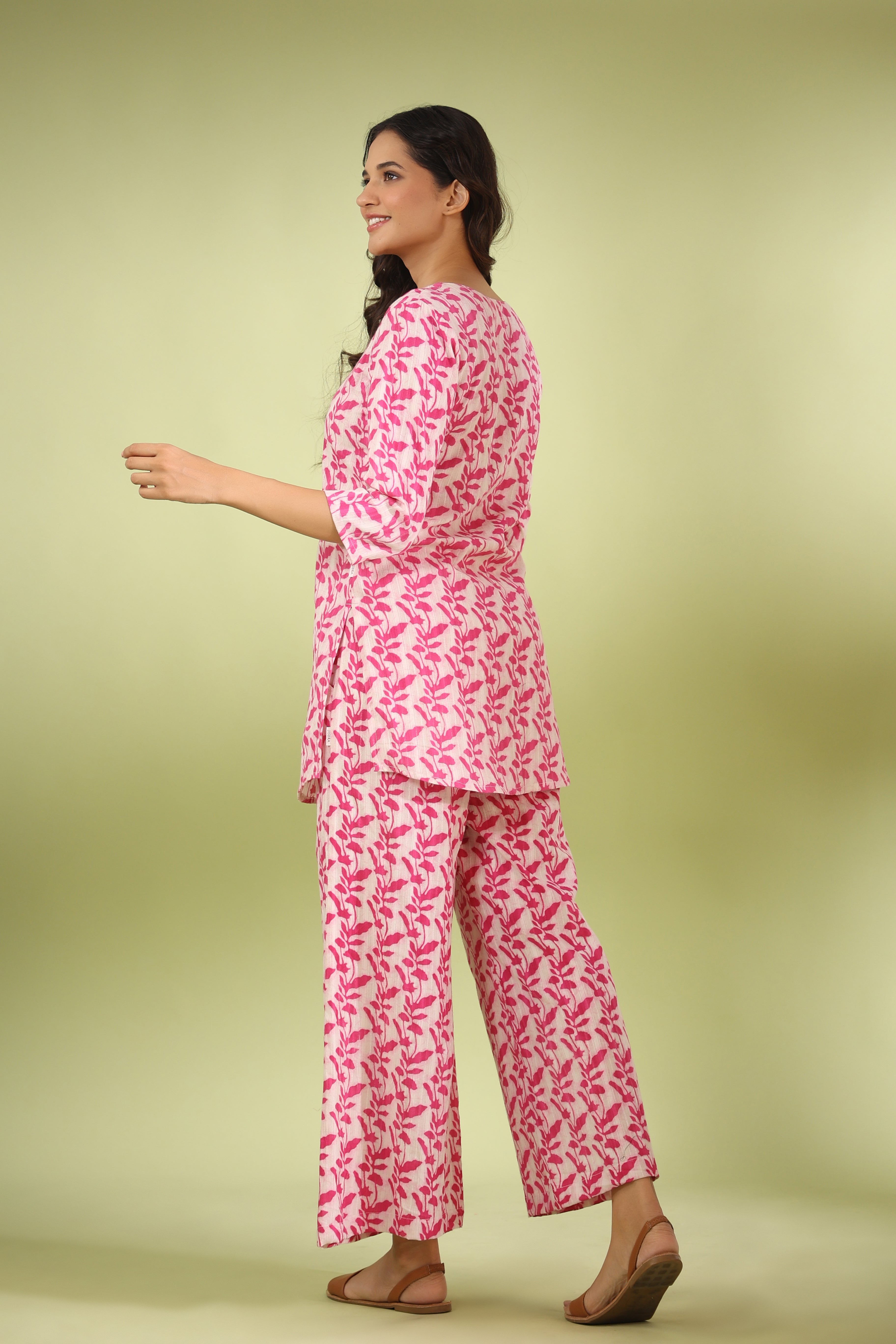 Pink Vine On White Cotton Palazzo Loungewear Set