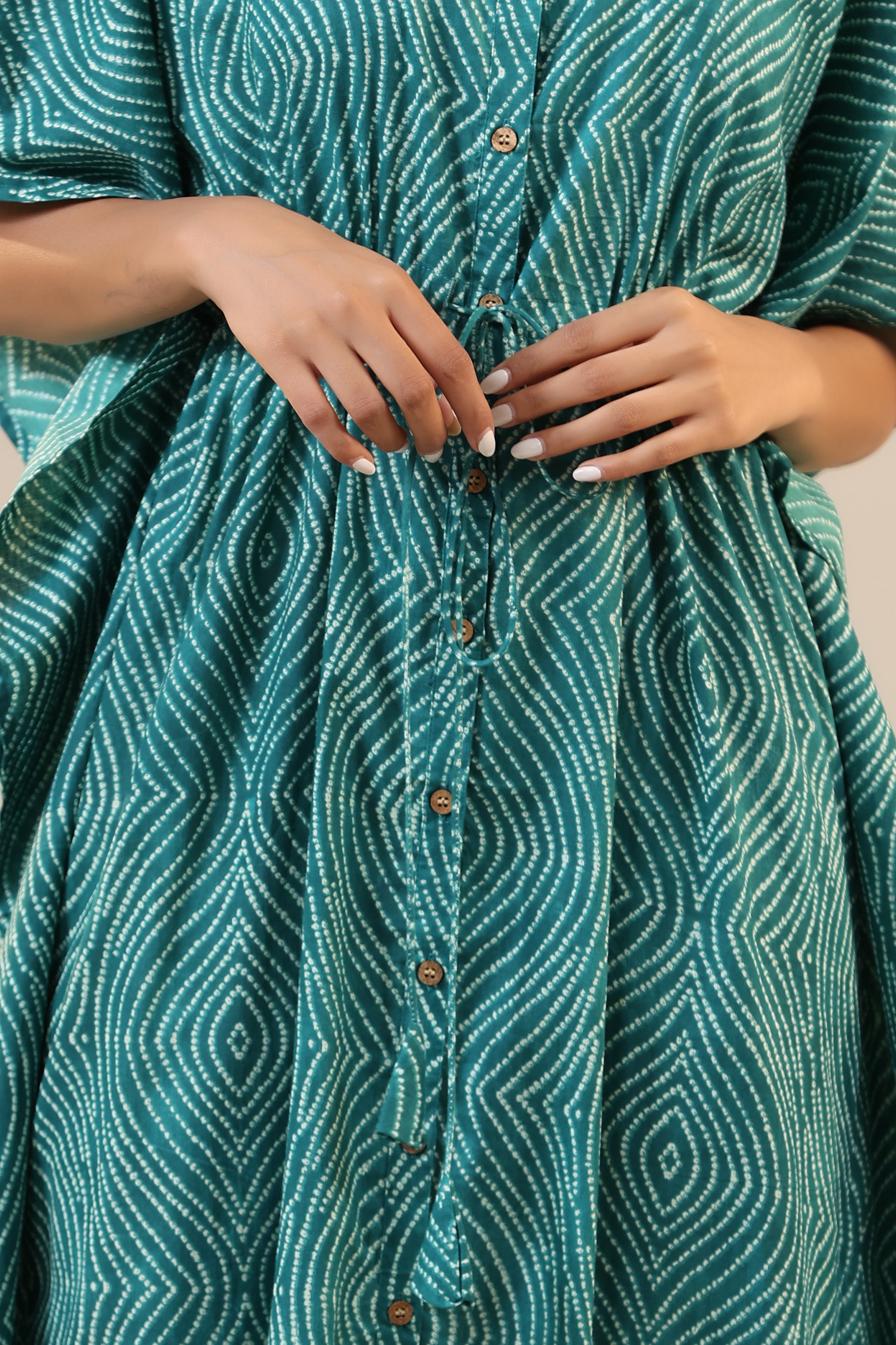 Patterned Shibori on Teal Front Buttoned Kaftan