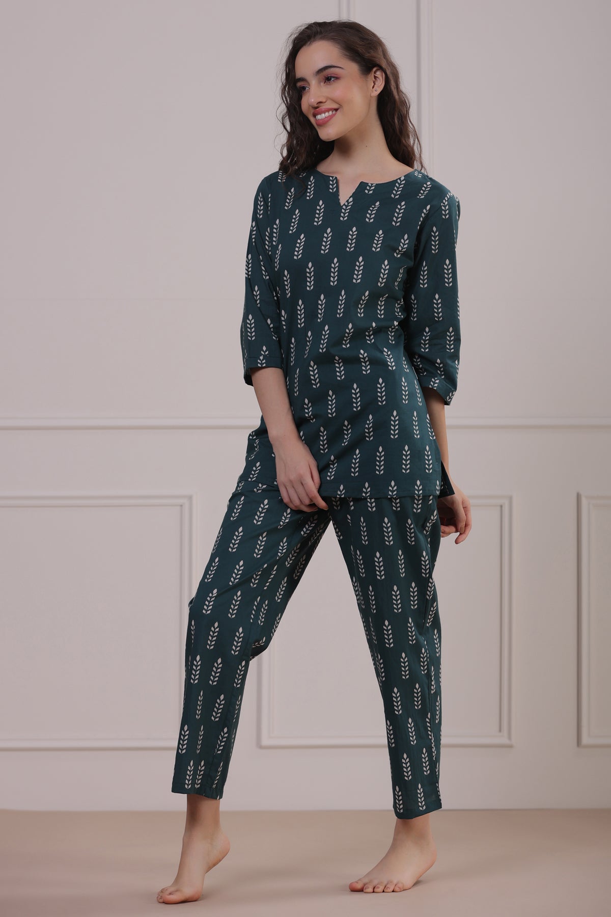 Minimalist Motif On Teal Green Loungewear Top Set