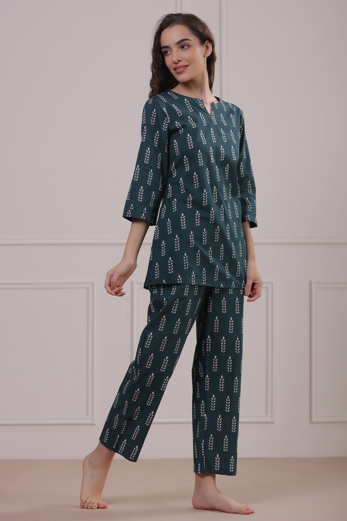 Minimalist Motif On Teal Green Loungewear Top Set