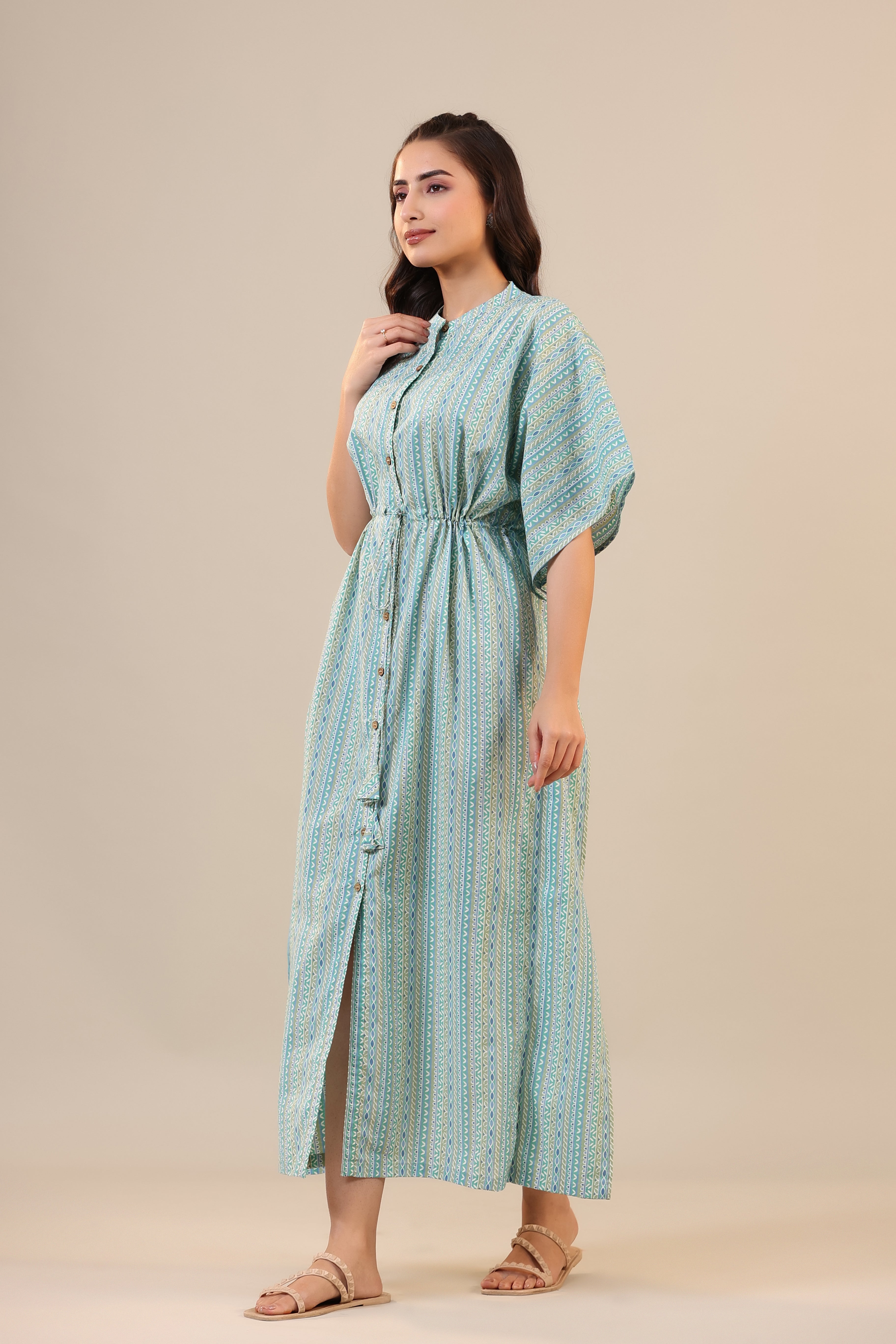 Ethnic Motif Stripes on Blue Front Buttoned Kaftan