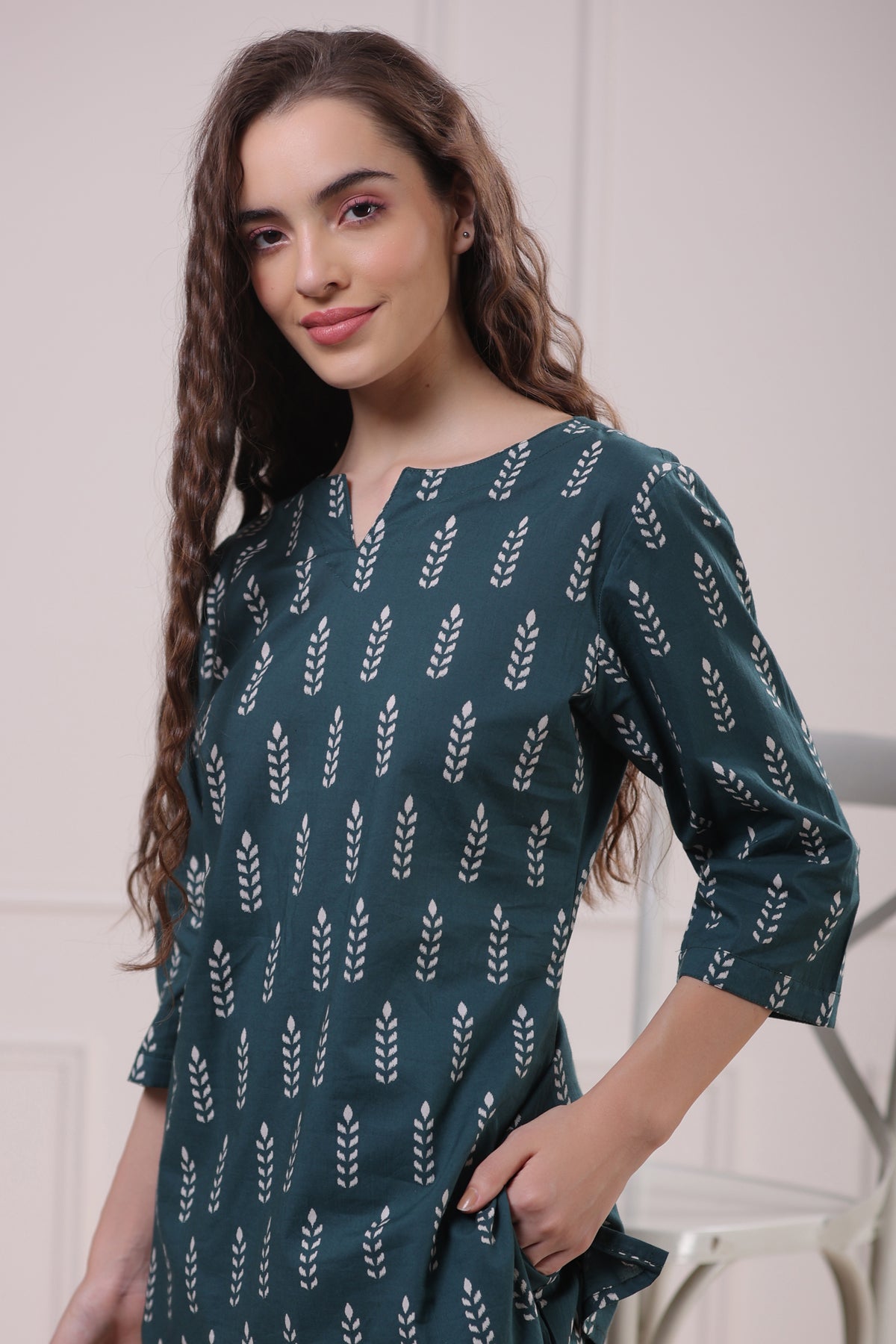 Minimalist Motif On Teal Green Loungewear Top Set