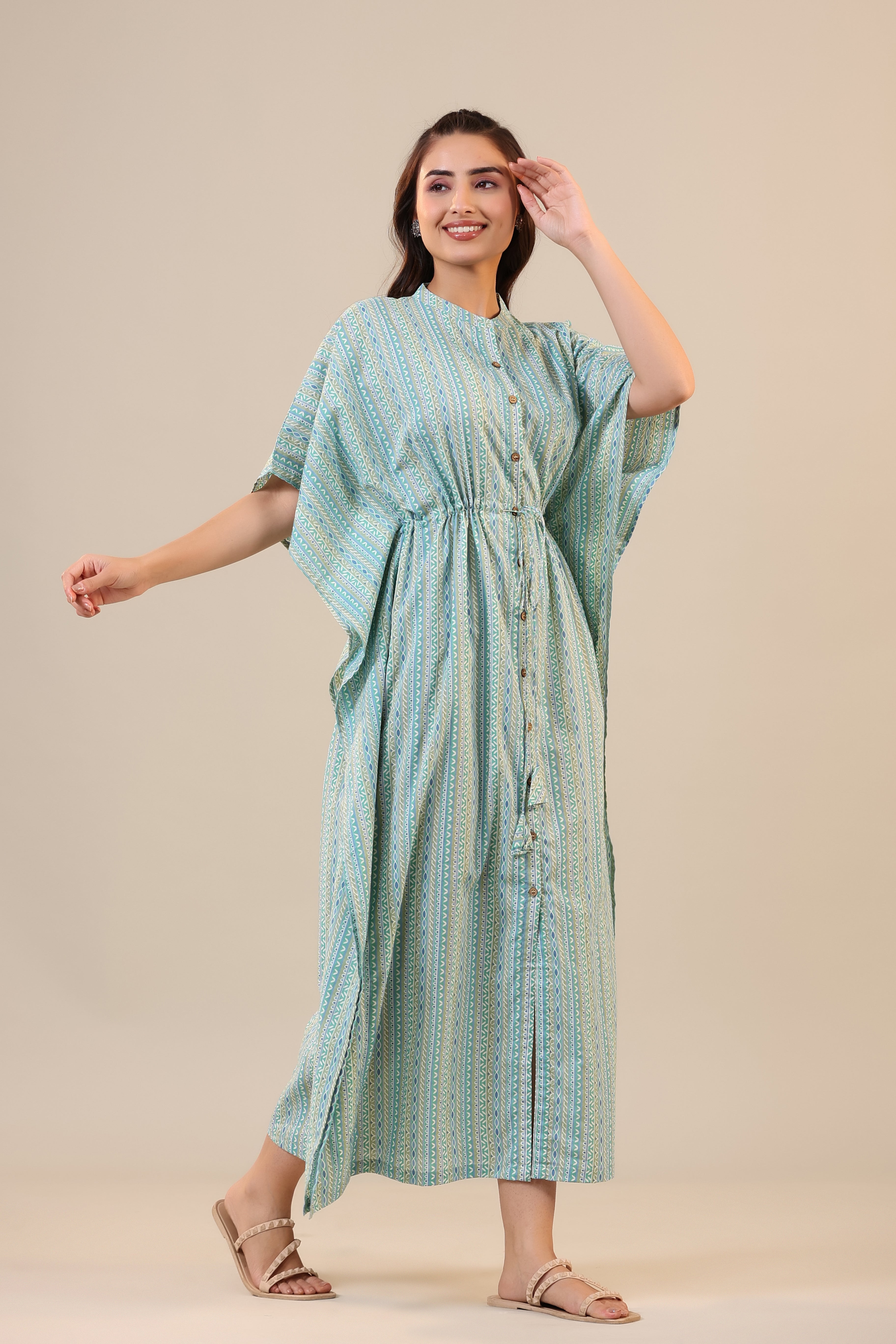 Ethnic Motif Stripes on Blue Front Buttoned Kaftan