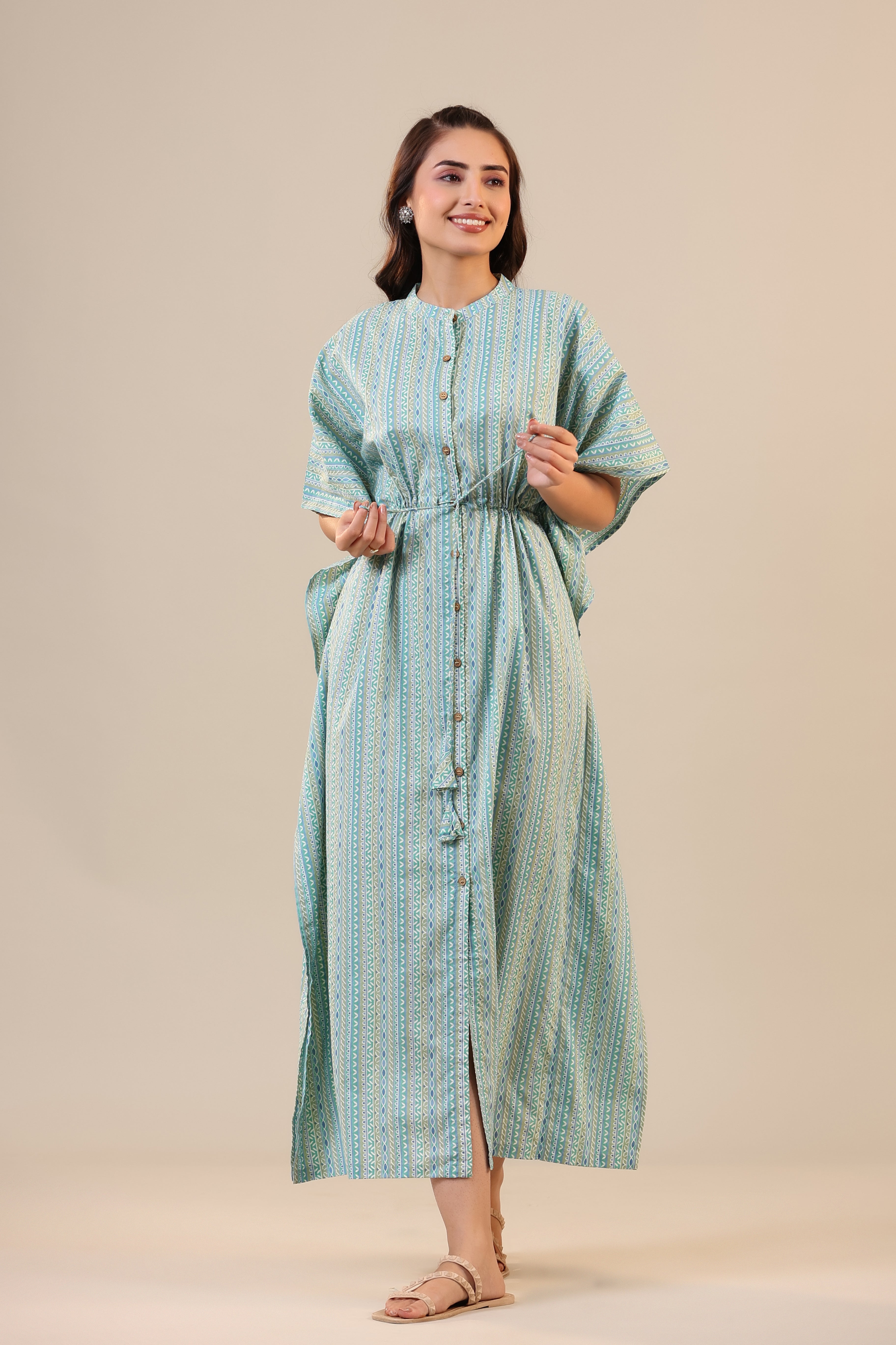 Ethnic Motif Stripes on Blue Front Buttoned Kaftan