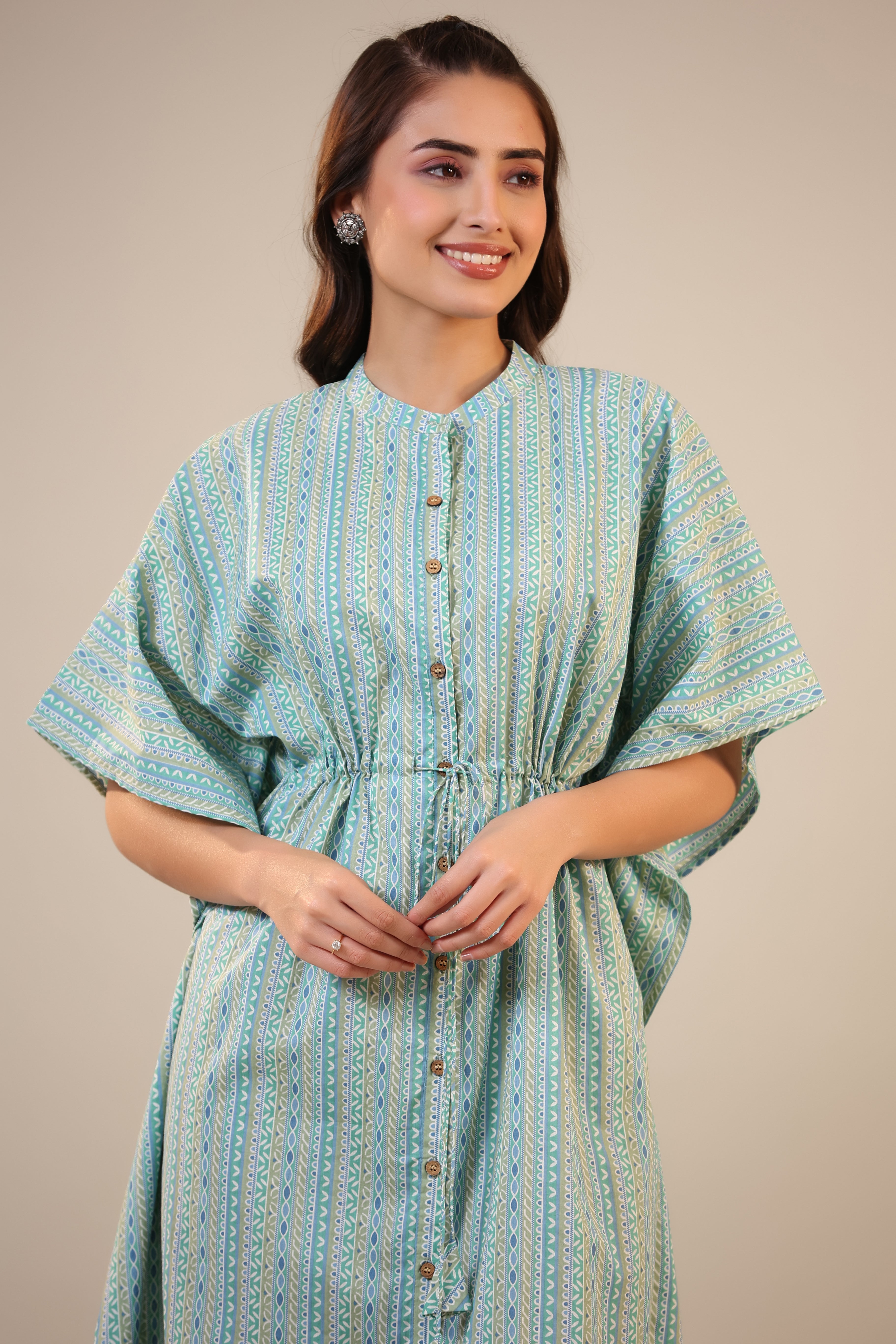 Ethnic Motif Stripes on Blue Front Buttoned Kaftan