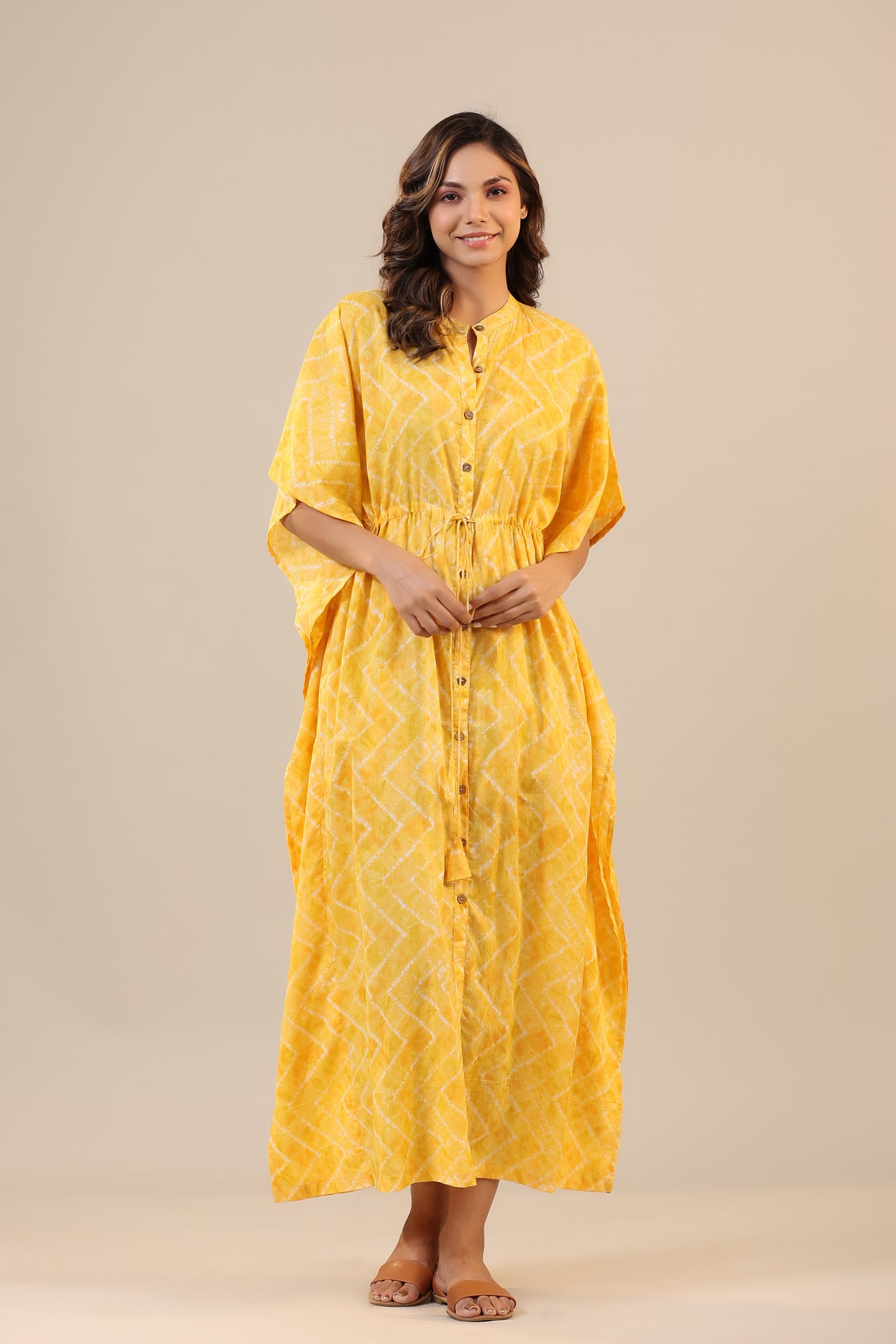 Zigzag Shibori on Yellow Front Buttoned cotton Kaftan